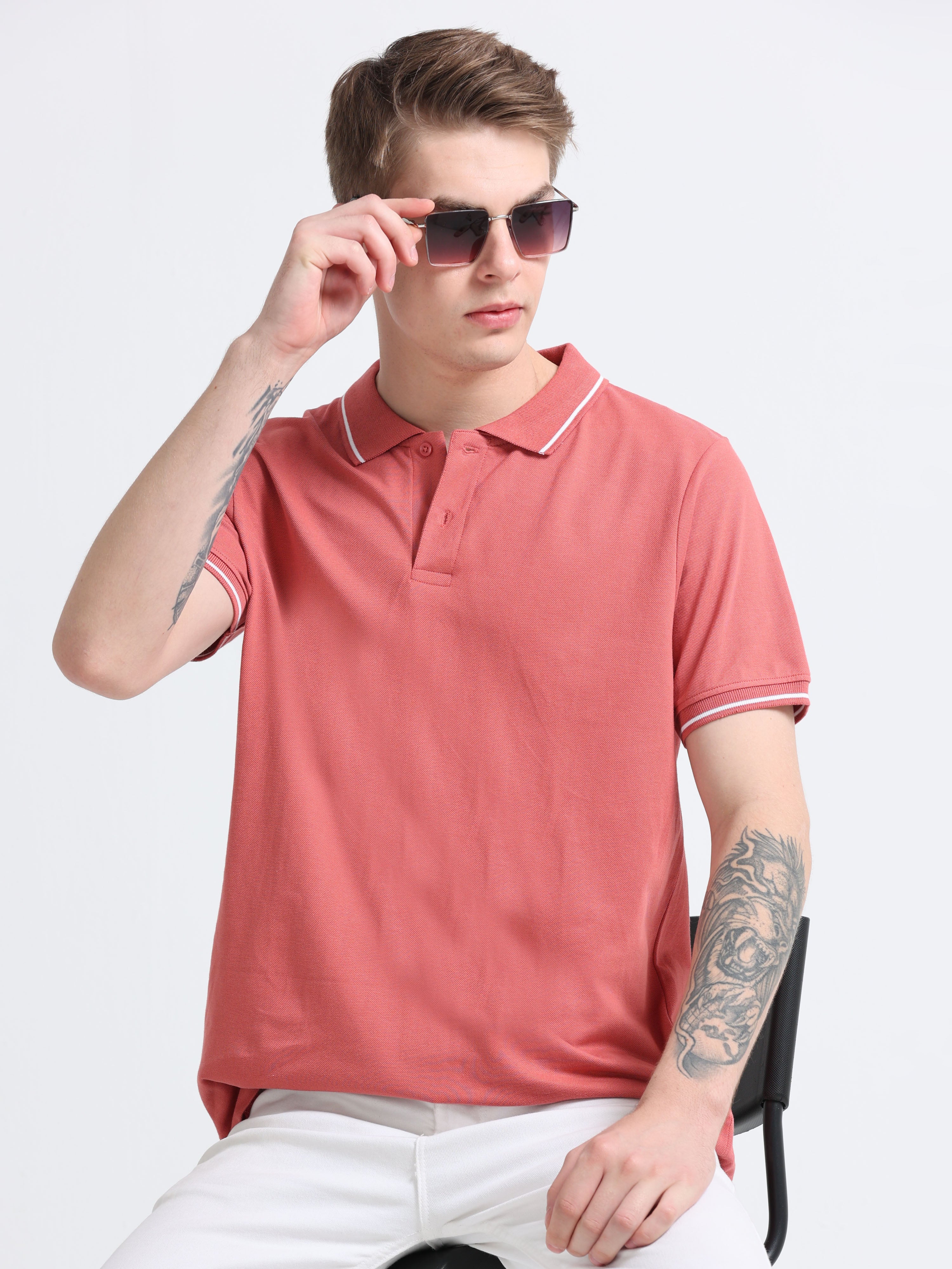 Men Cotton Rose Pink Collar Neck T-shirt