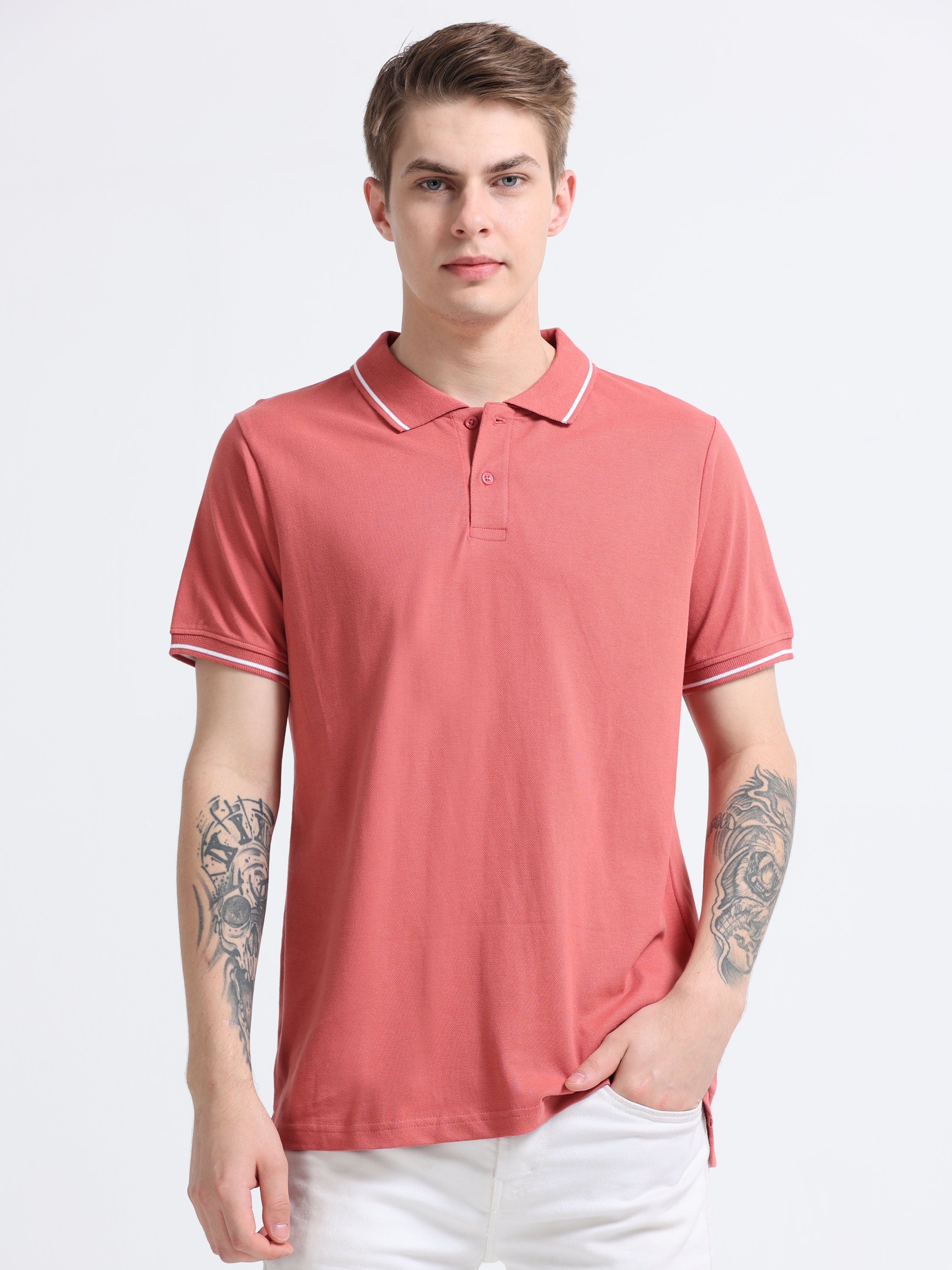 Men Cotton Rose Pink Collar Neck T-shirt