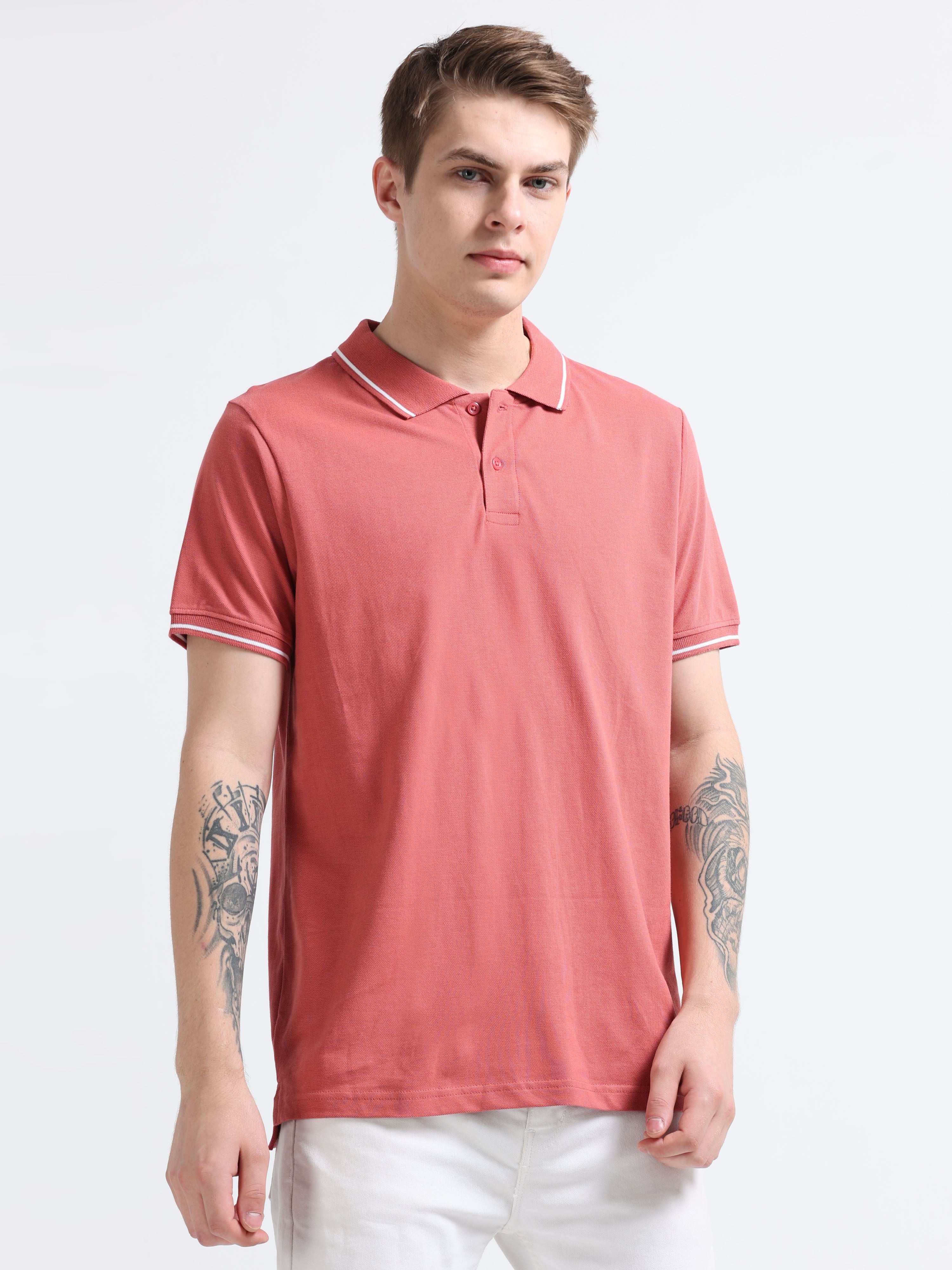 Men Cotton Rose Pink Collar Neck T-shirt