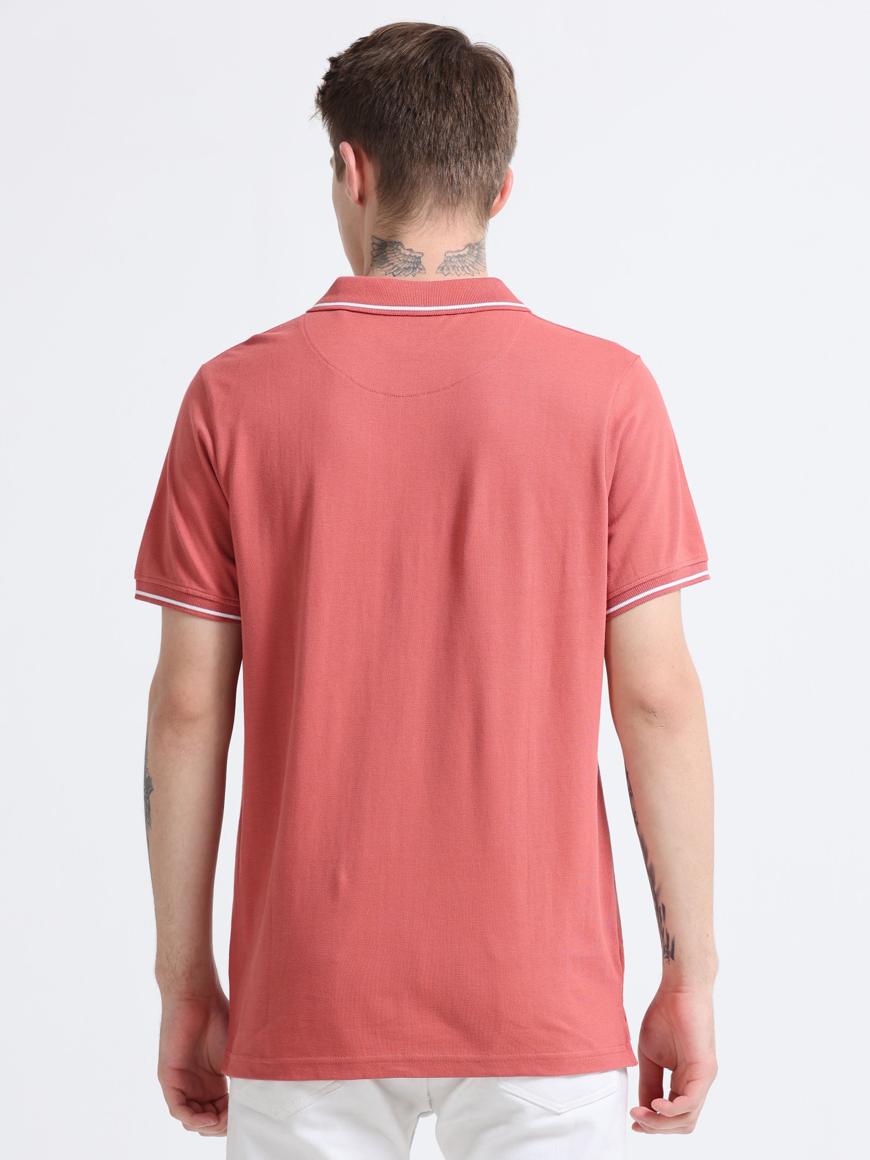 Men Cotton Rose Pink Collar Neck T-shirt