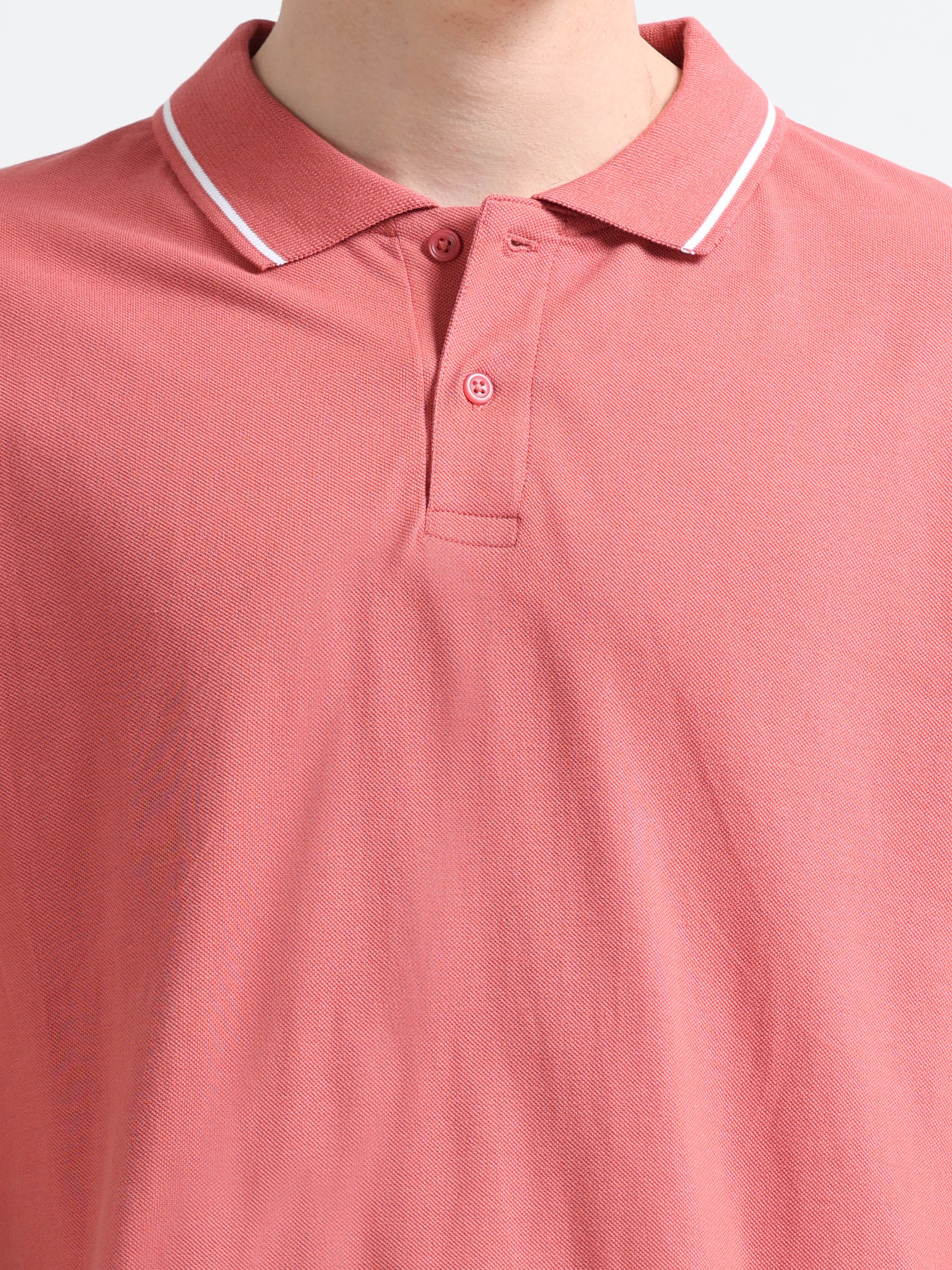 Men Cotton Rose Pink Collar Neck T-shirt