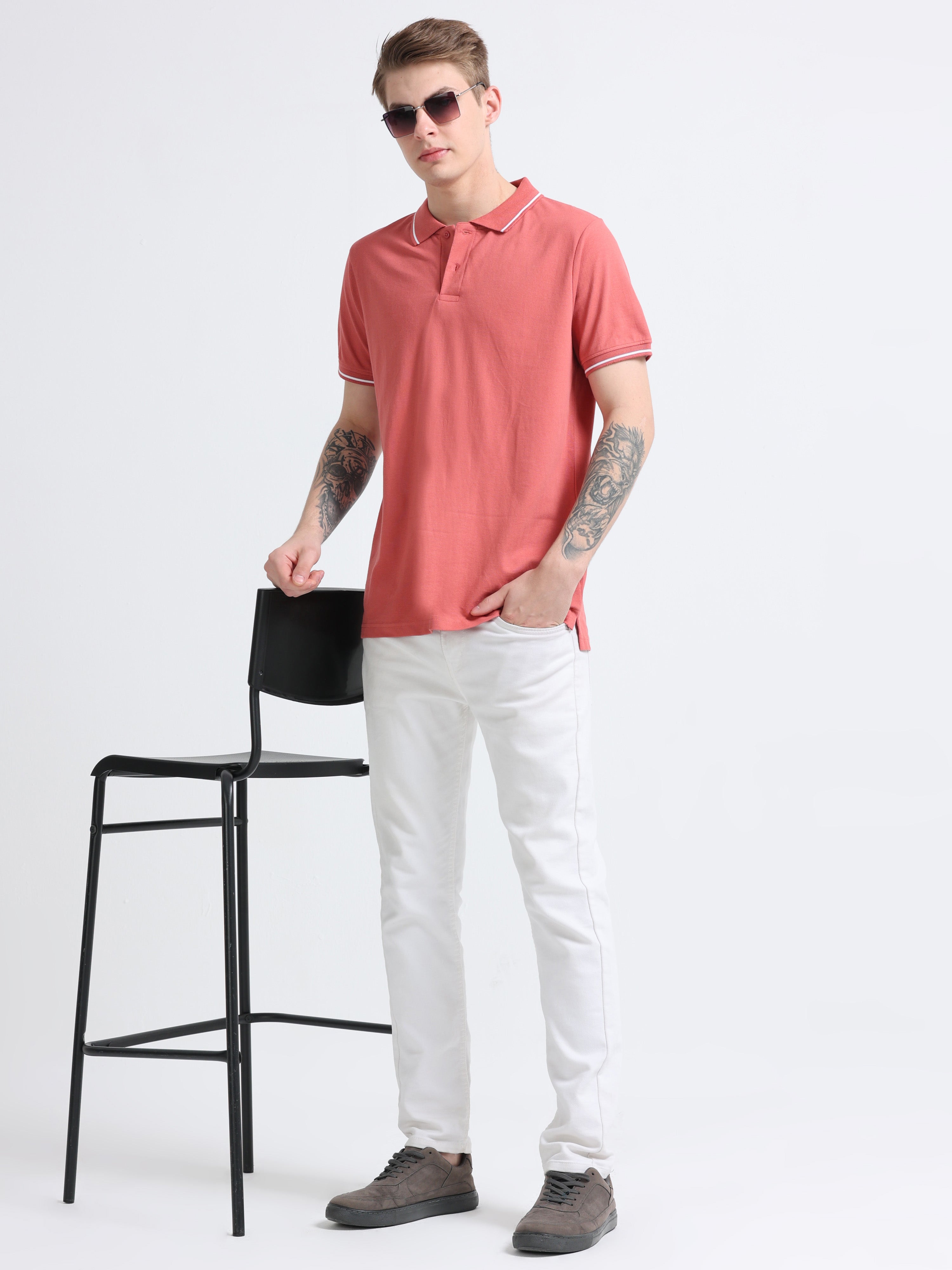 Men Cotton Rose Pink Collar Neck T-shirt