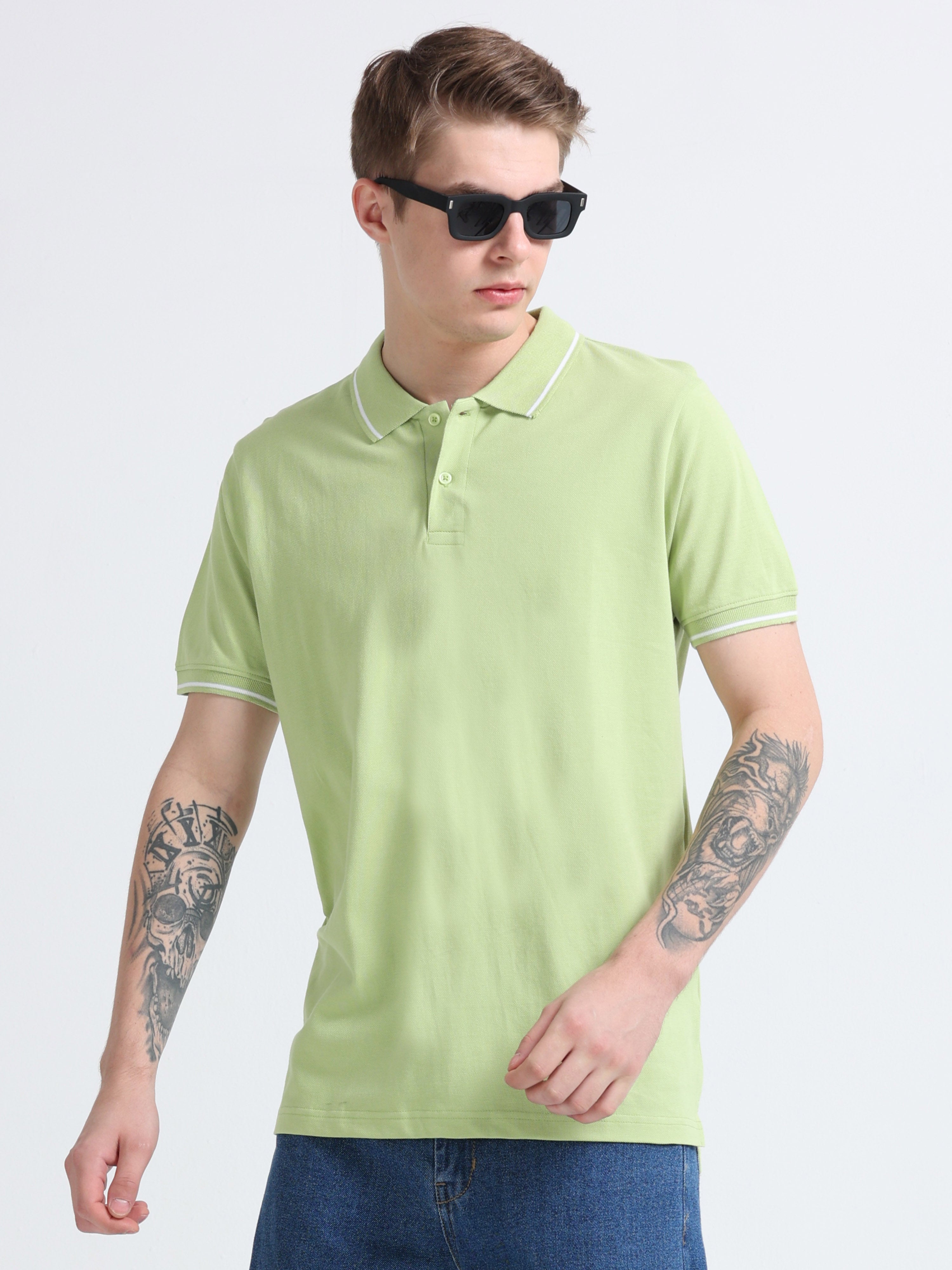 Men Cotton Light Green Collar Neck T-shirt