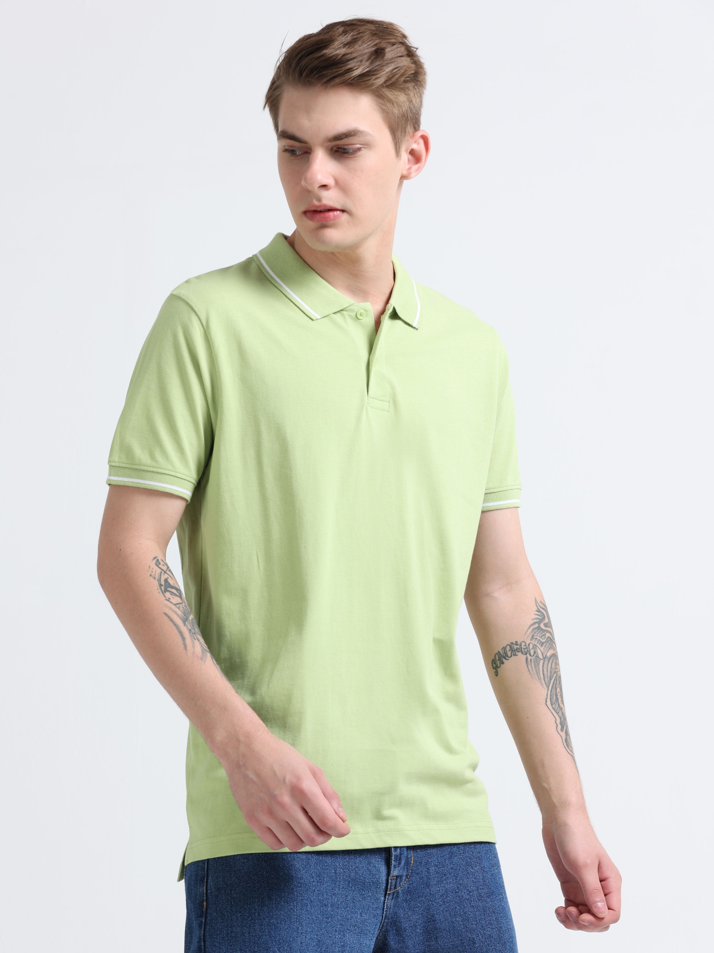Men Cotton Light Green Collar Neck T-shirt