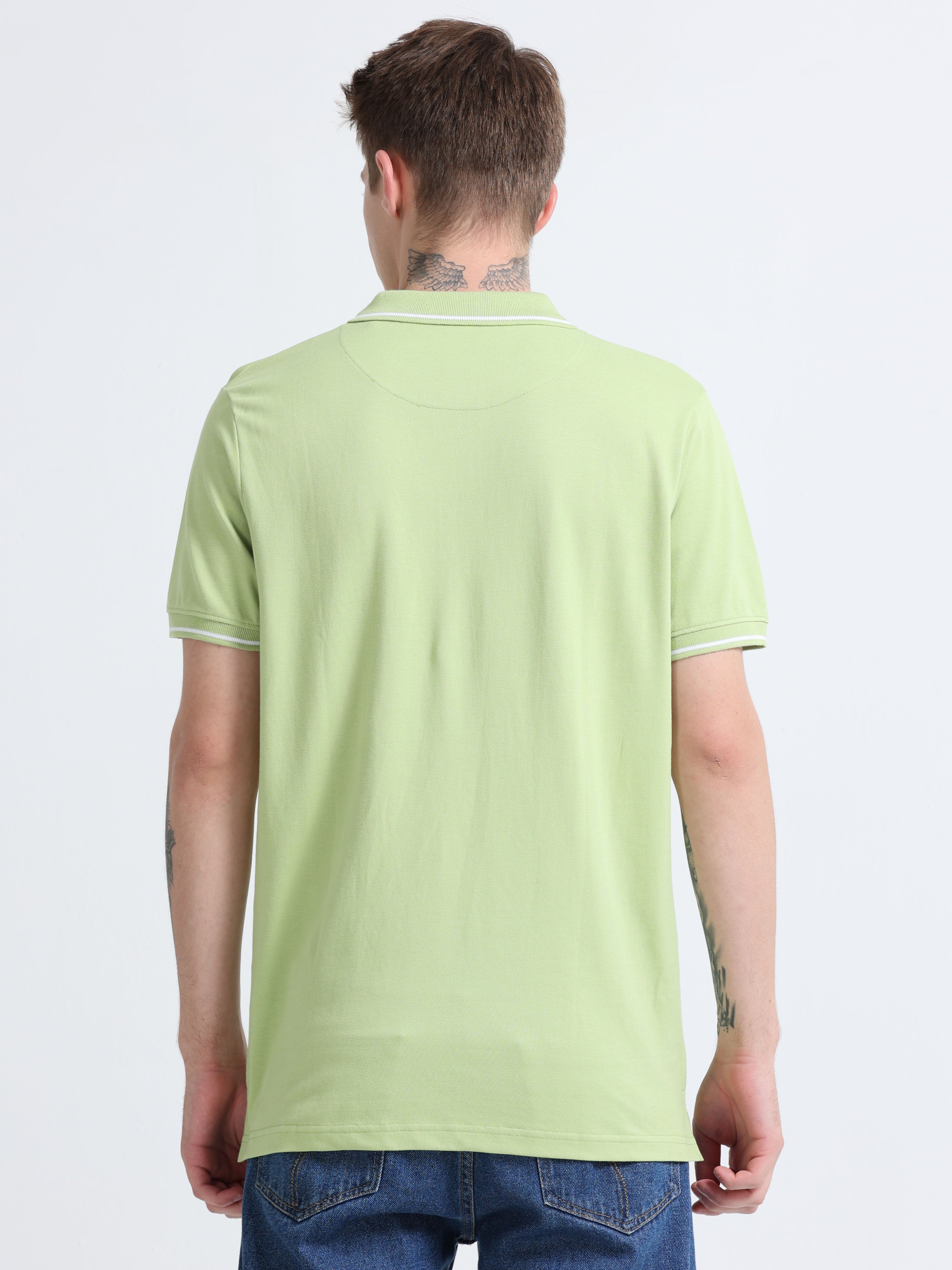 Men Cotton Light Green Collar Neck T-shirt