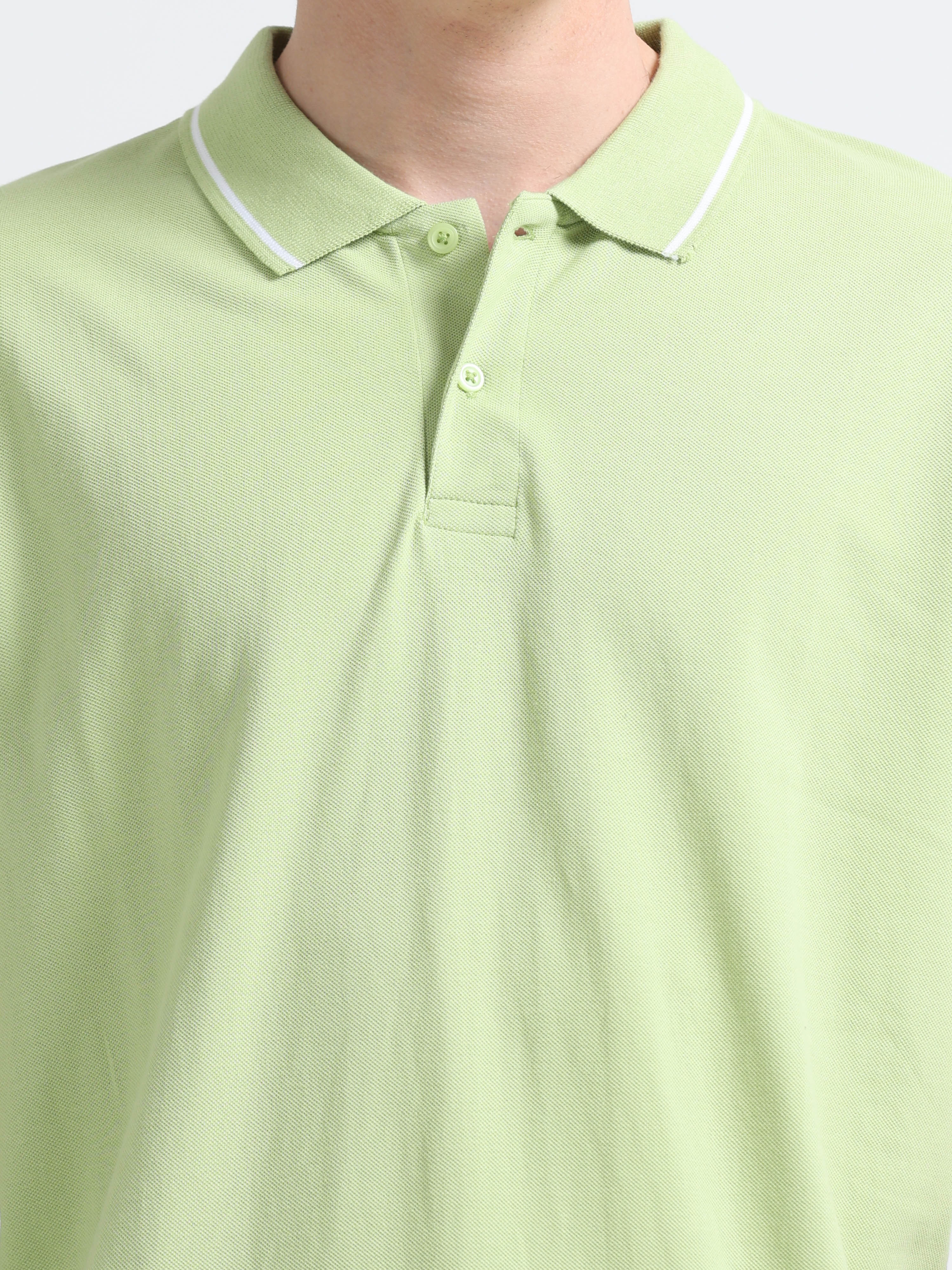 Men Cotton Light Green Collar Neck T-shirt