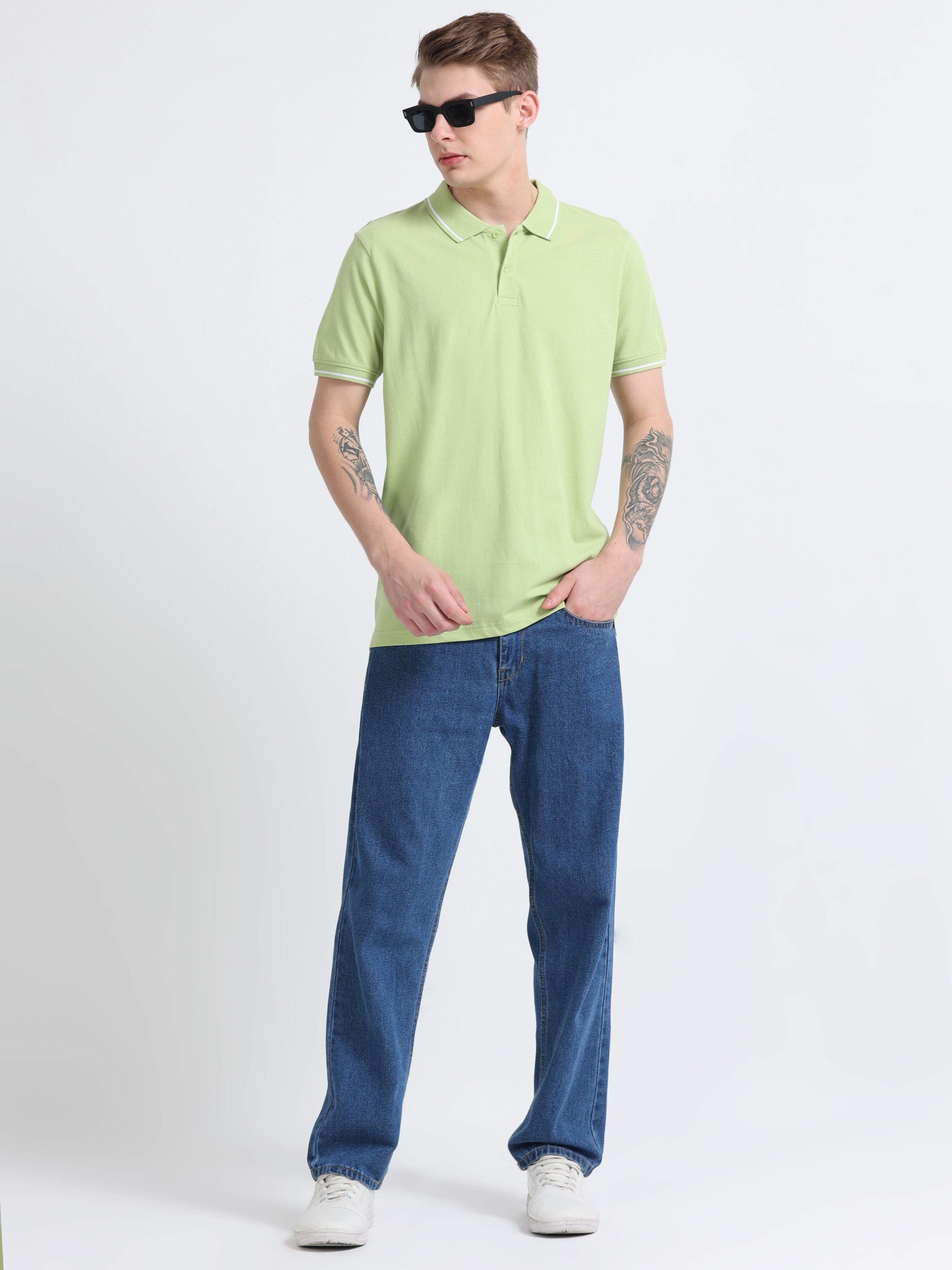 Men Cotton Light Green Collar Neck T-shirt