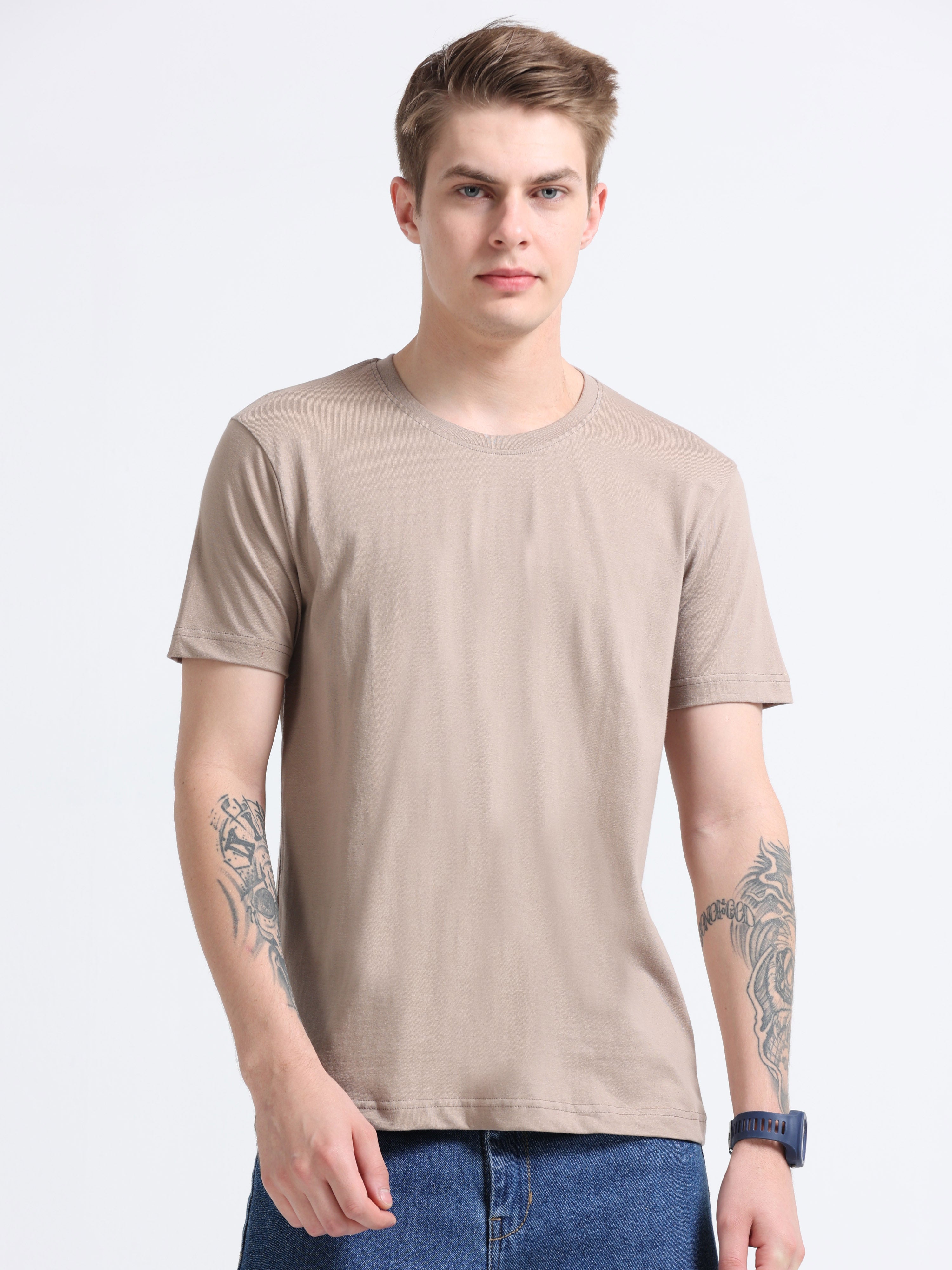 Men Cotton Chocolate Color Round Neck T-shirt