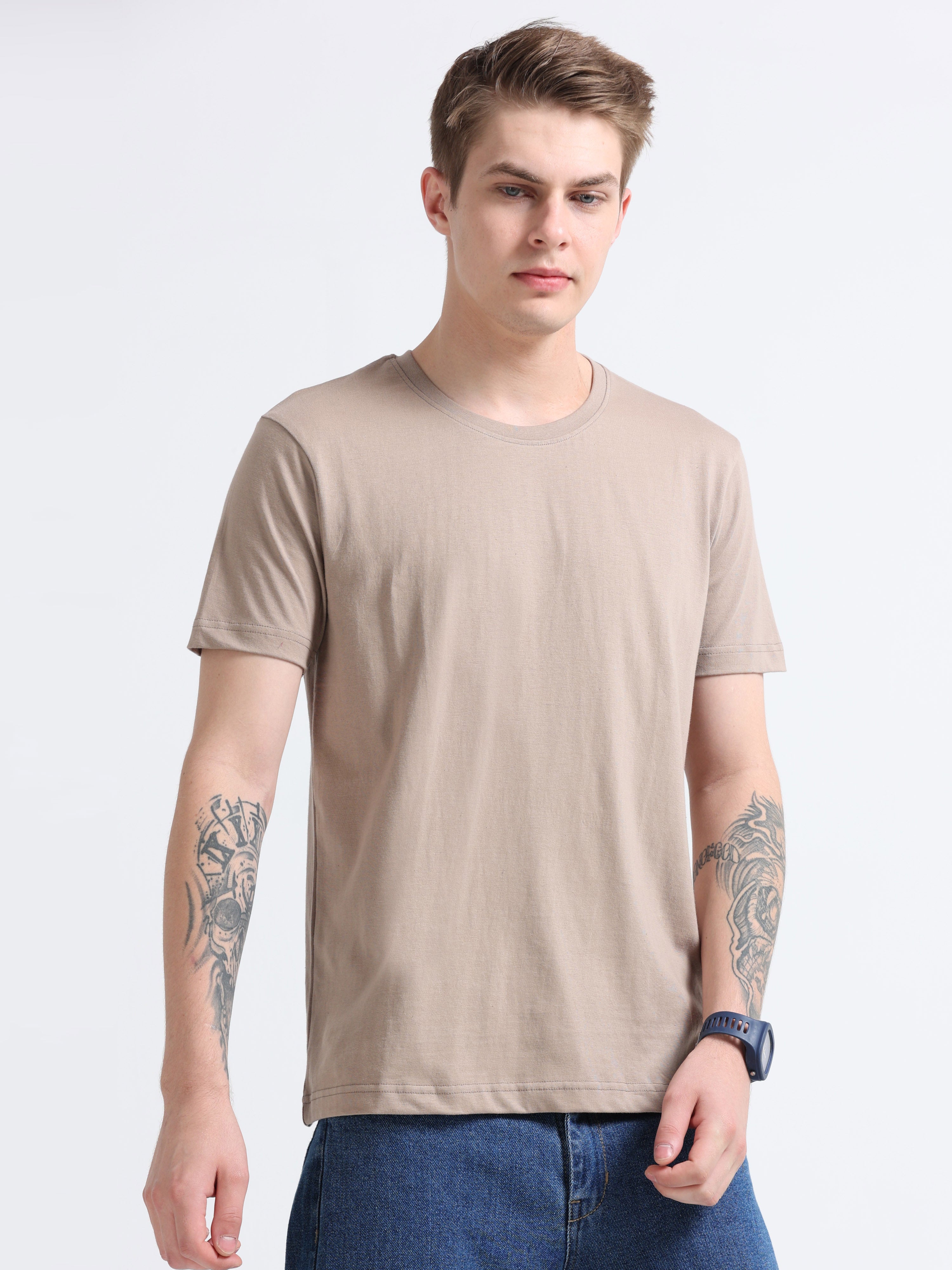 Men Cotton Chocolate Color Round Neck T-shirt