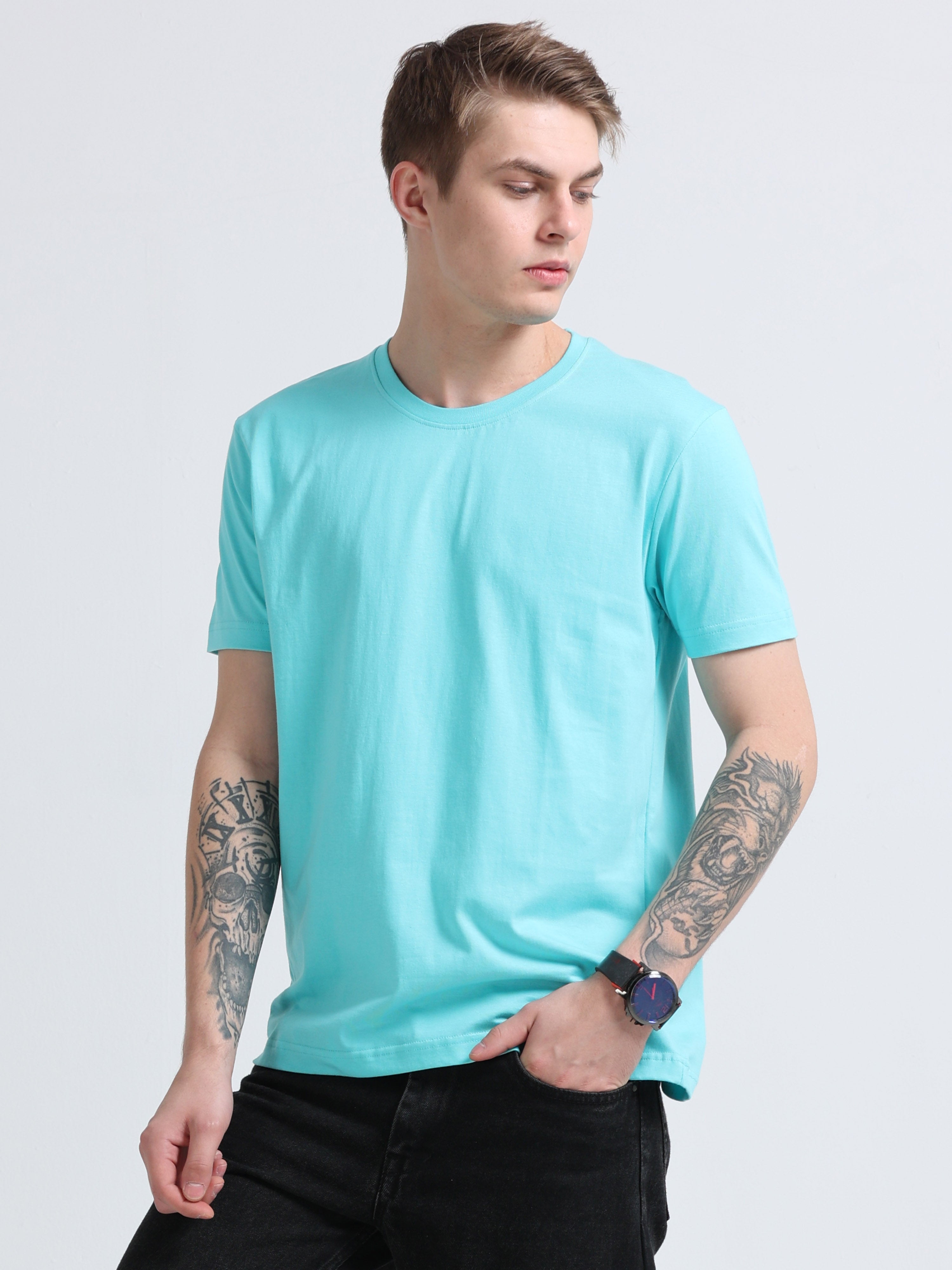 Men Cotton Aqua Blue Round Neck T-shirt