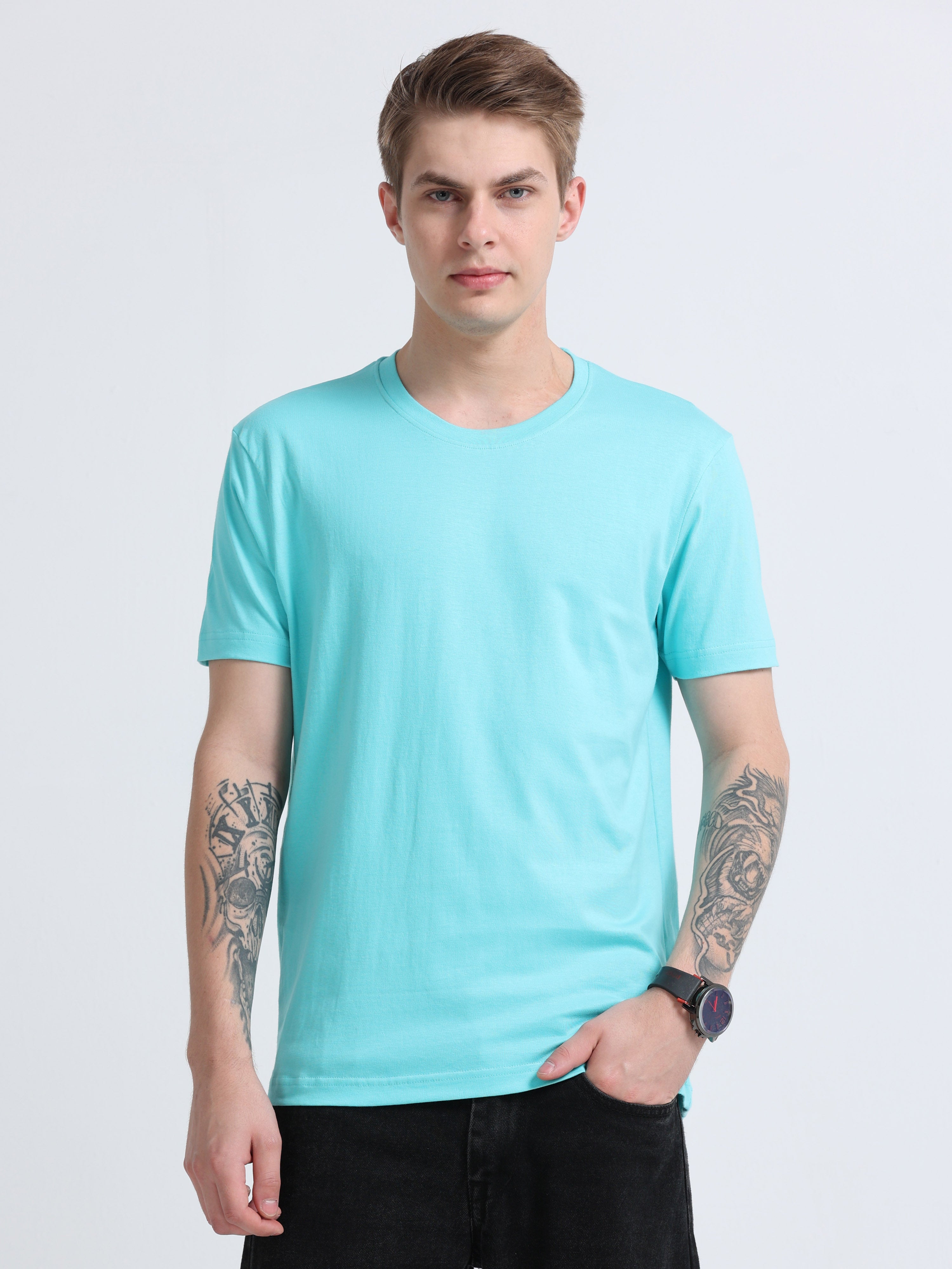 Men Cotton Aqua Blue Round Neck T-shirt