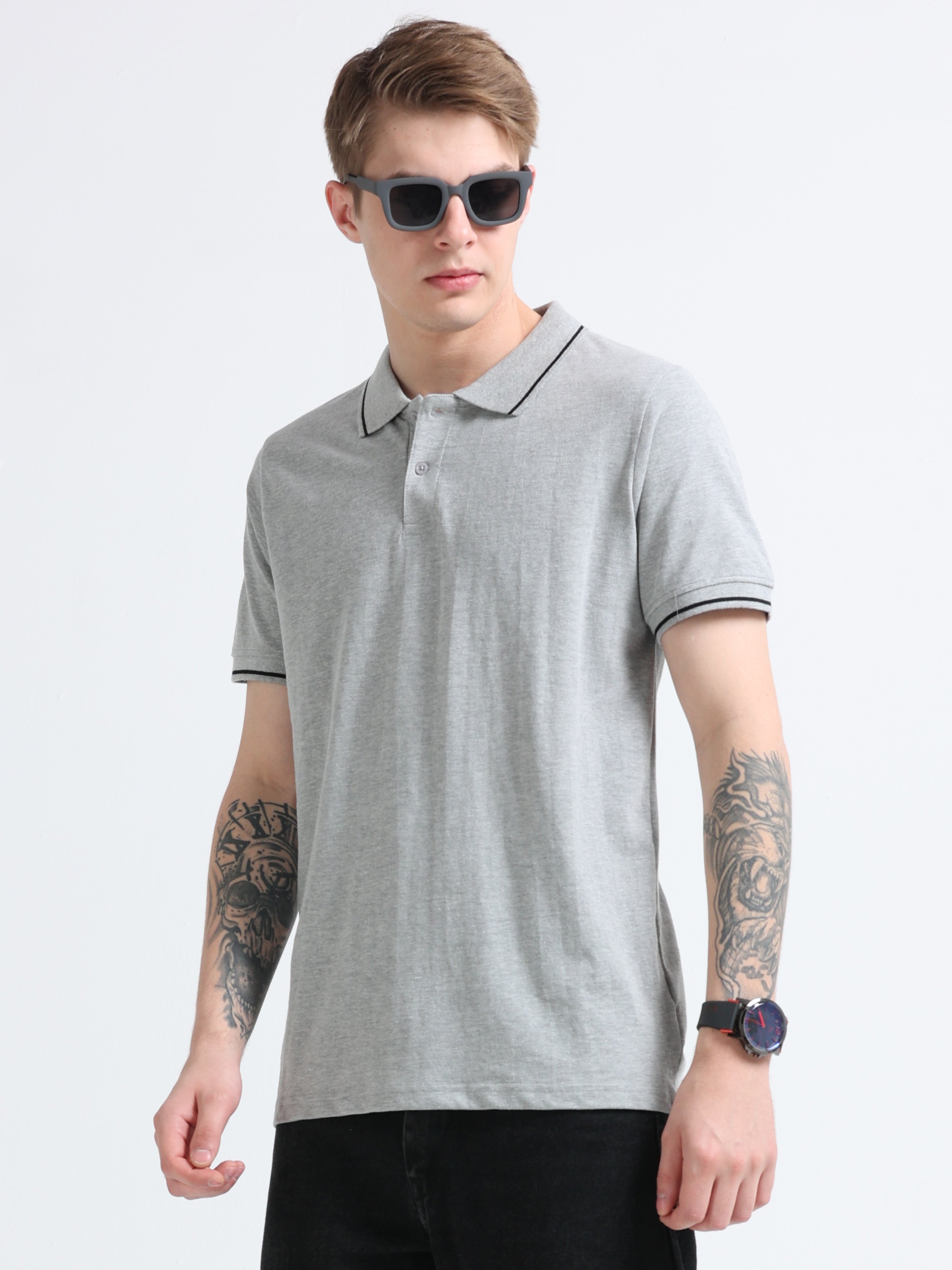 Men Cotton Melange Grey Collar Neck T-shirt