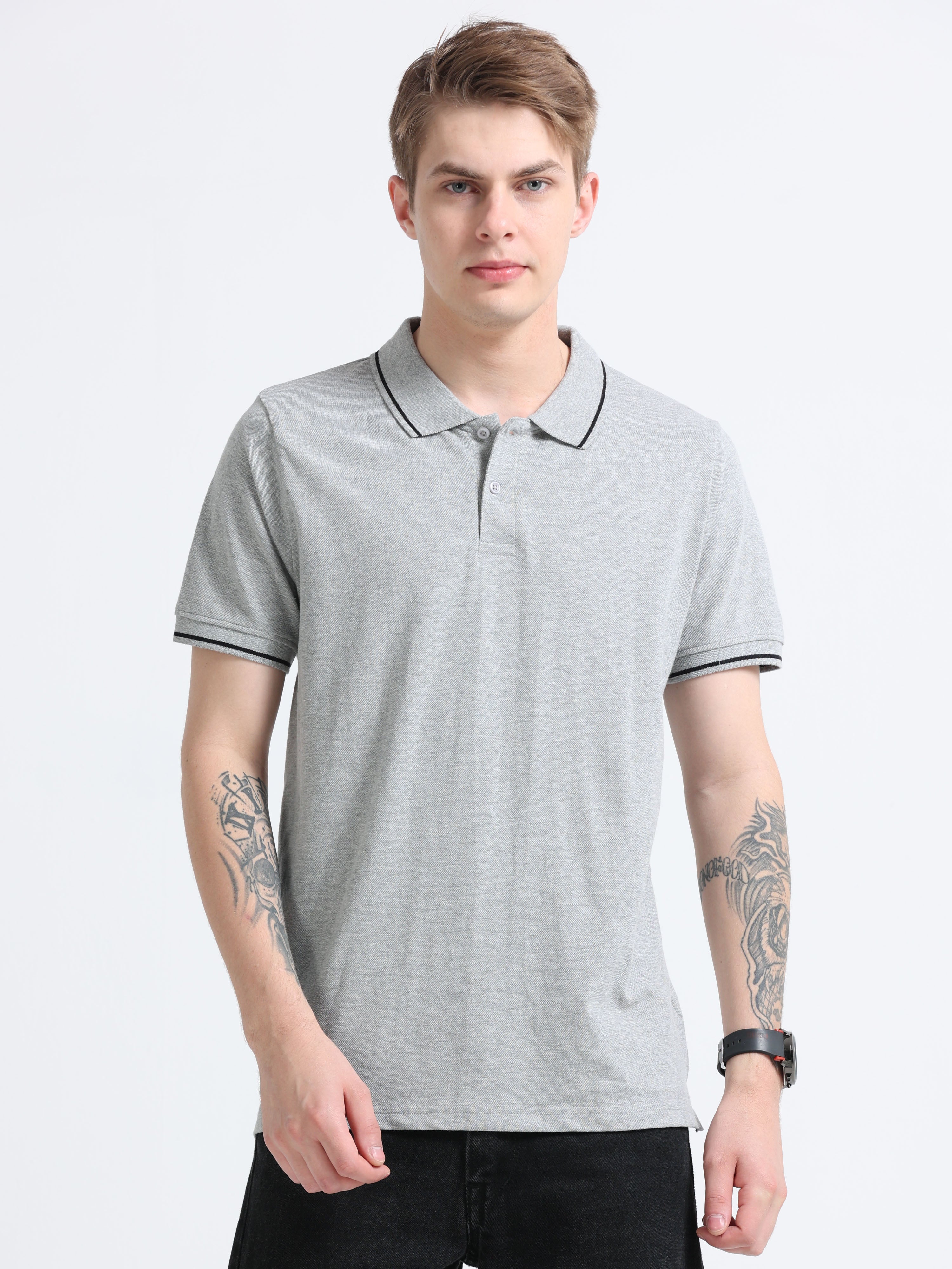 Men Cotton Melange Grey Collar Neck T-shirt