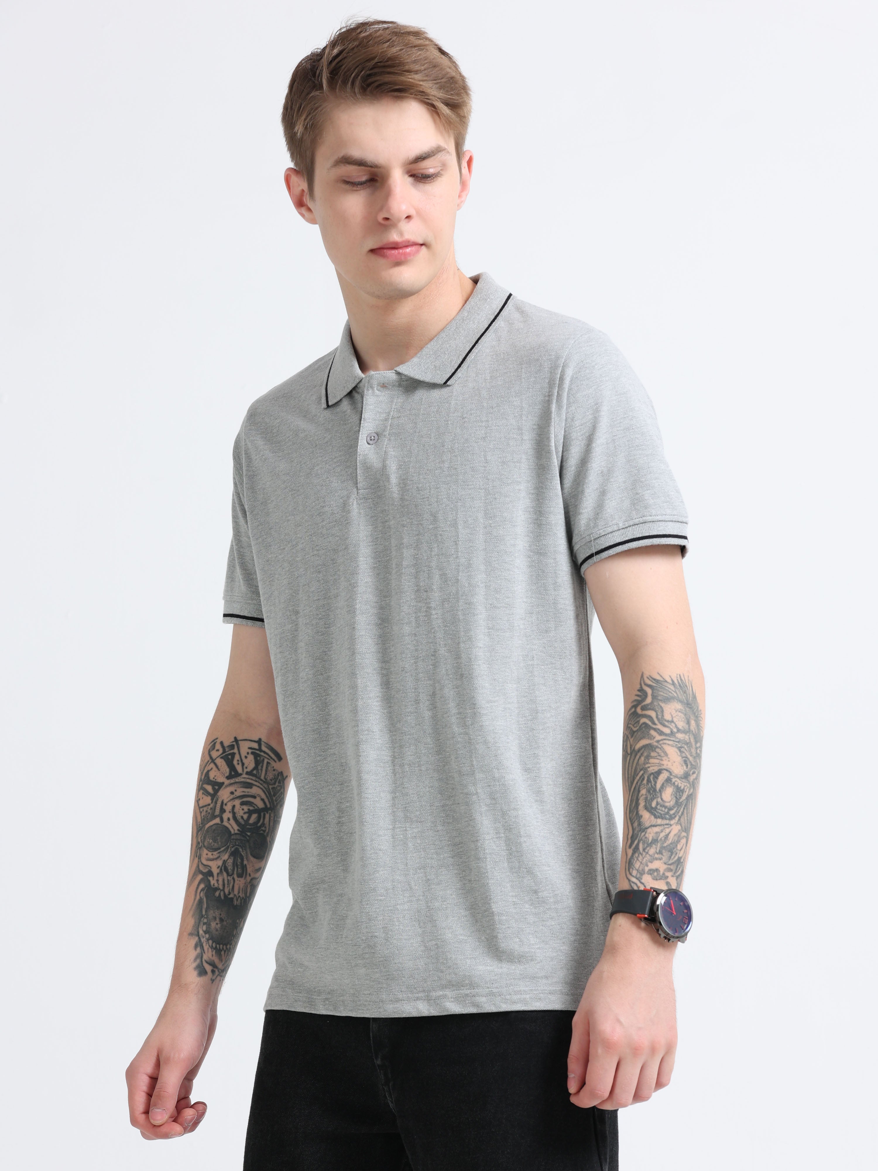 Men Cotton Melange Grey Collar Neck T-shirt