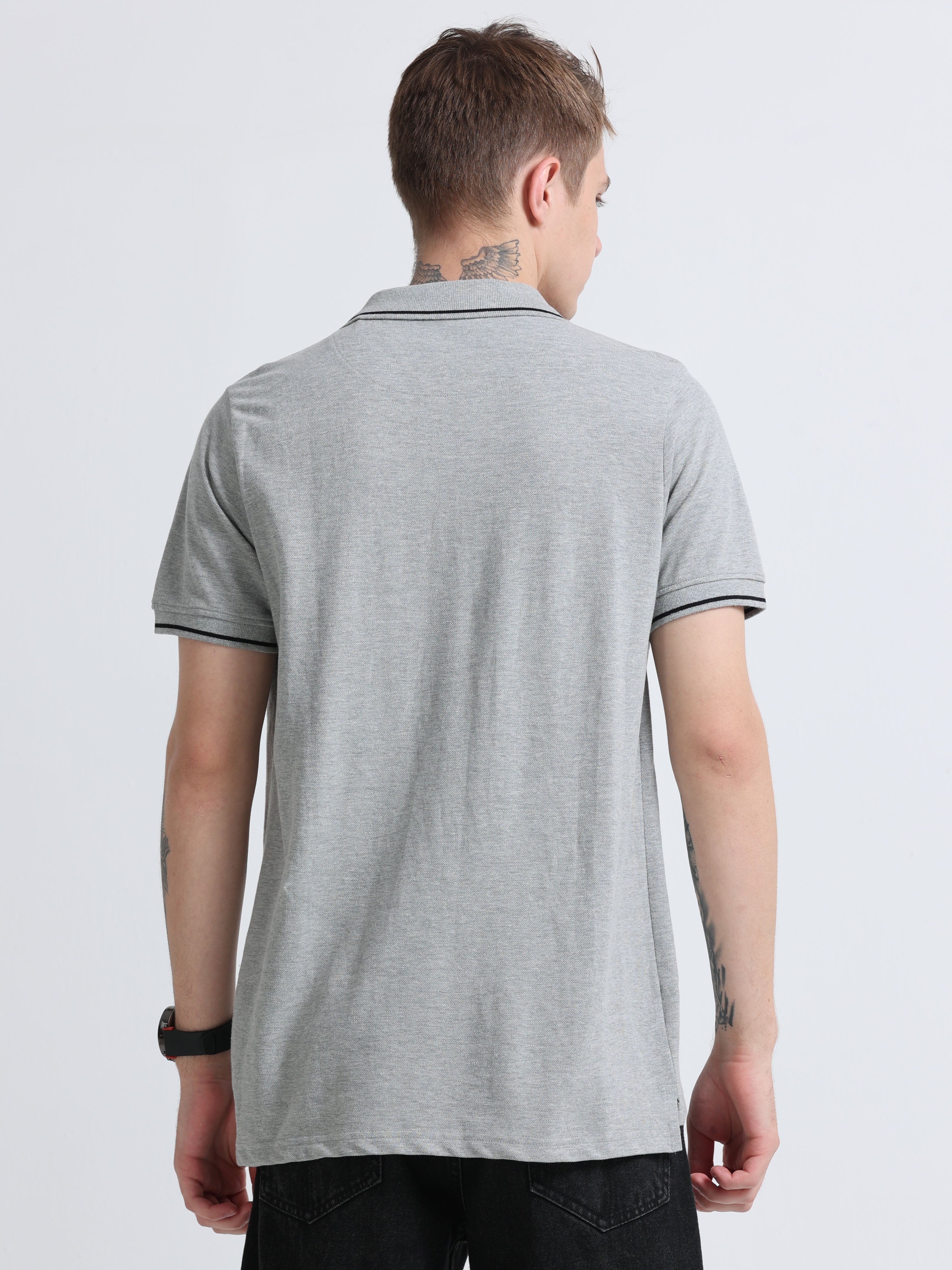 Men Cotton Melange Grey Collar Neck T-shirt