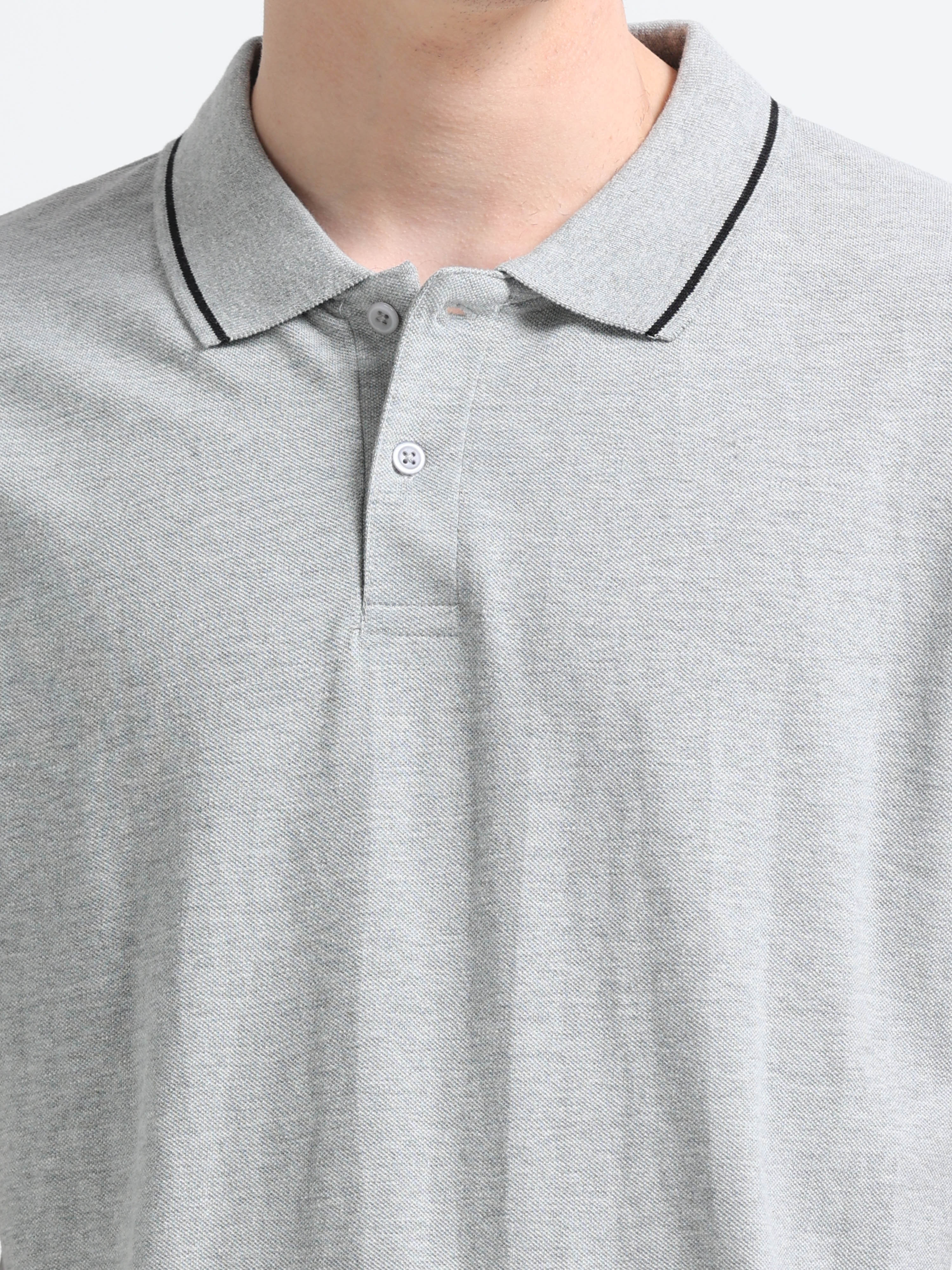Men Cotton Melange Grey Collar Neck T-shirt