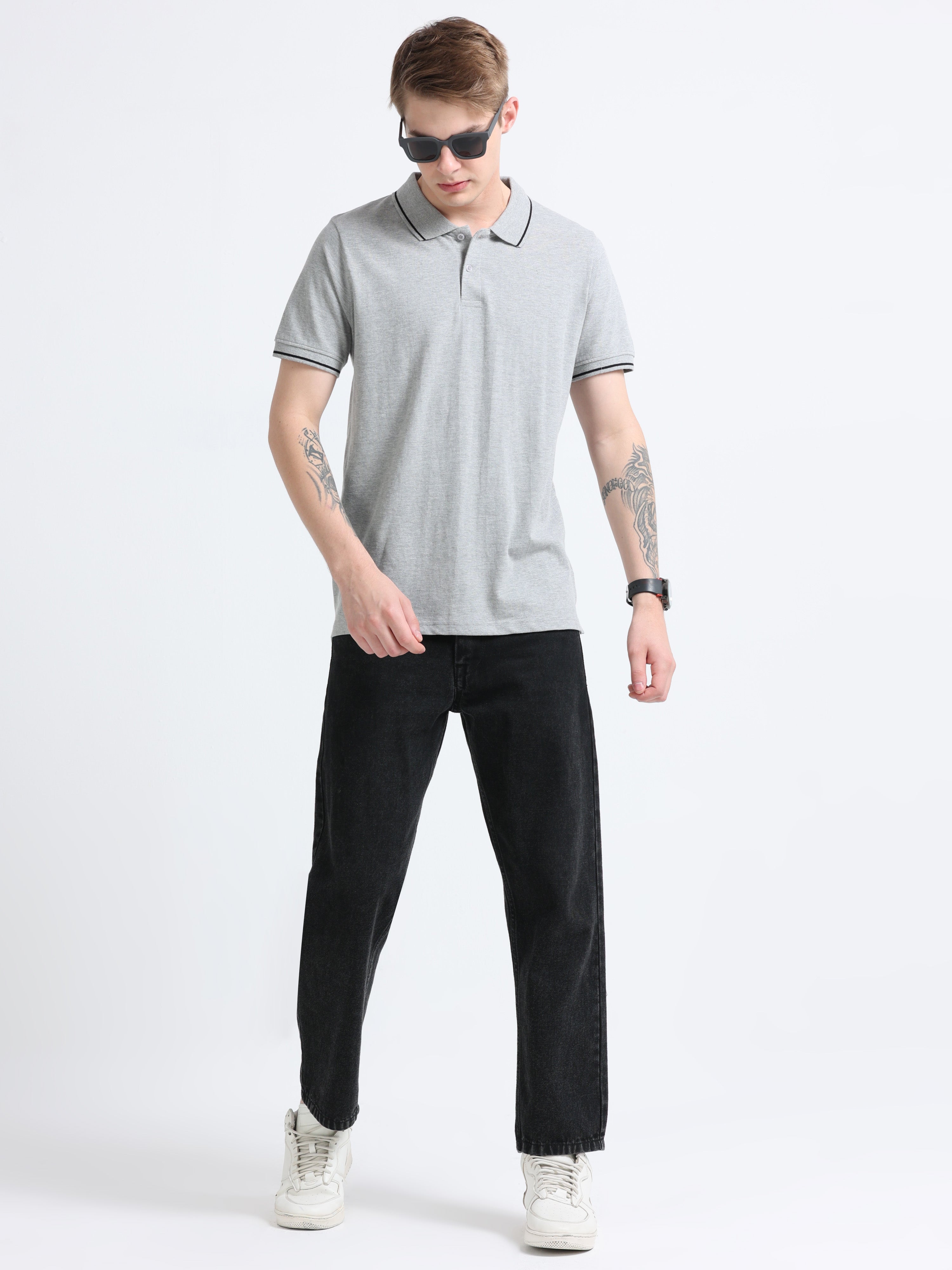 Men Cotton Melange Grey Collar Neck T-shirt