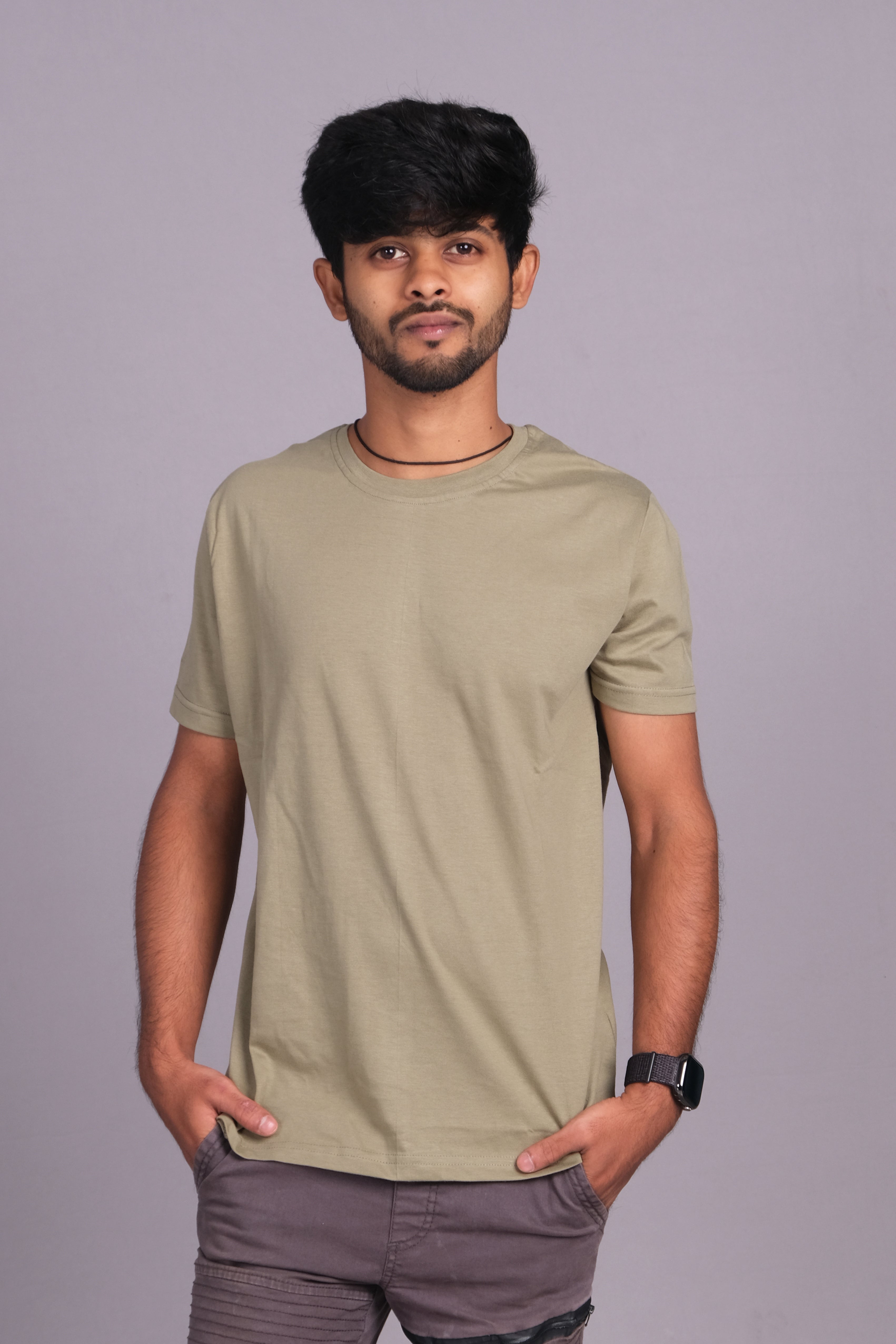 Men Cotton Olive Green Round Neck T-shirt