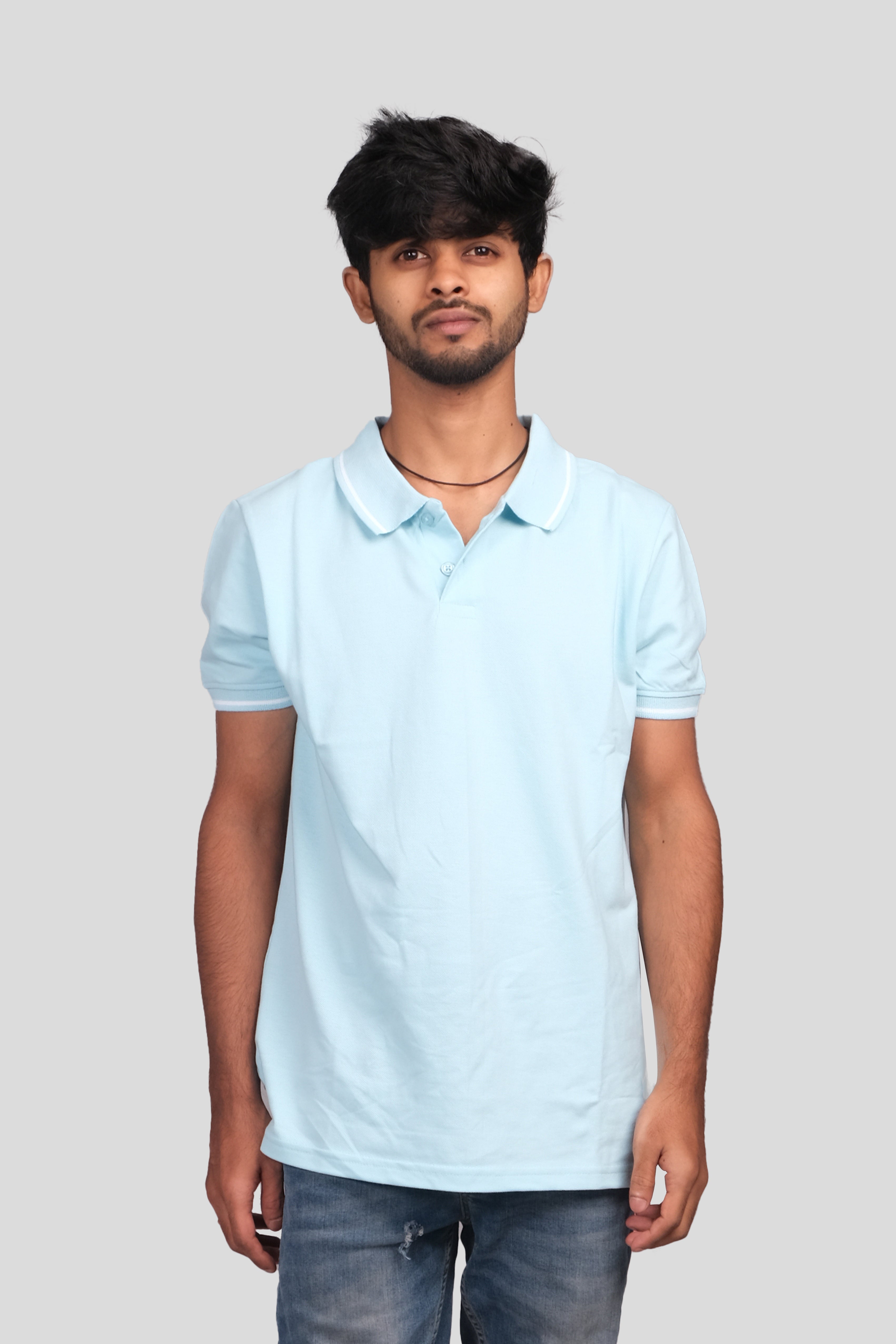 Men Cotton Light Blue Collar Neck T-shirt