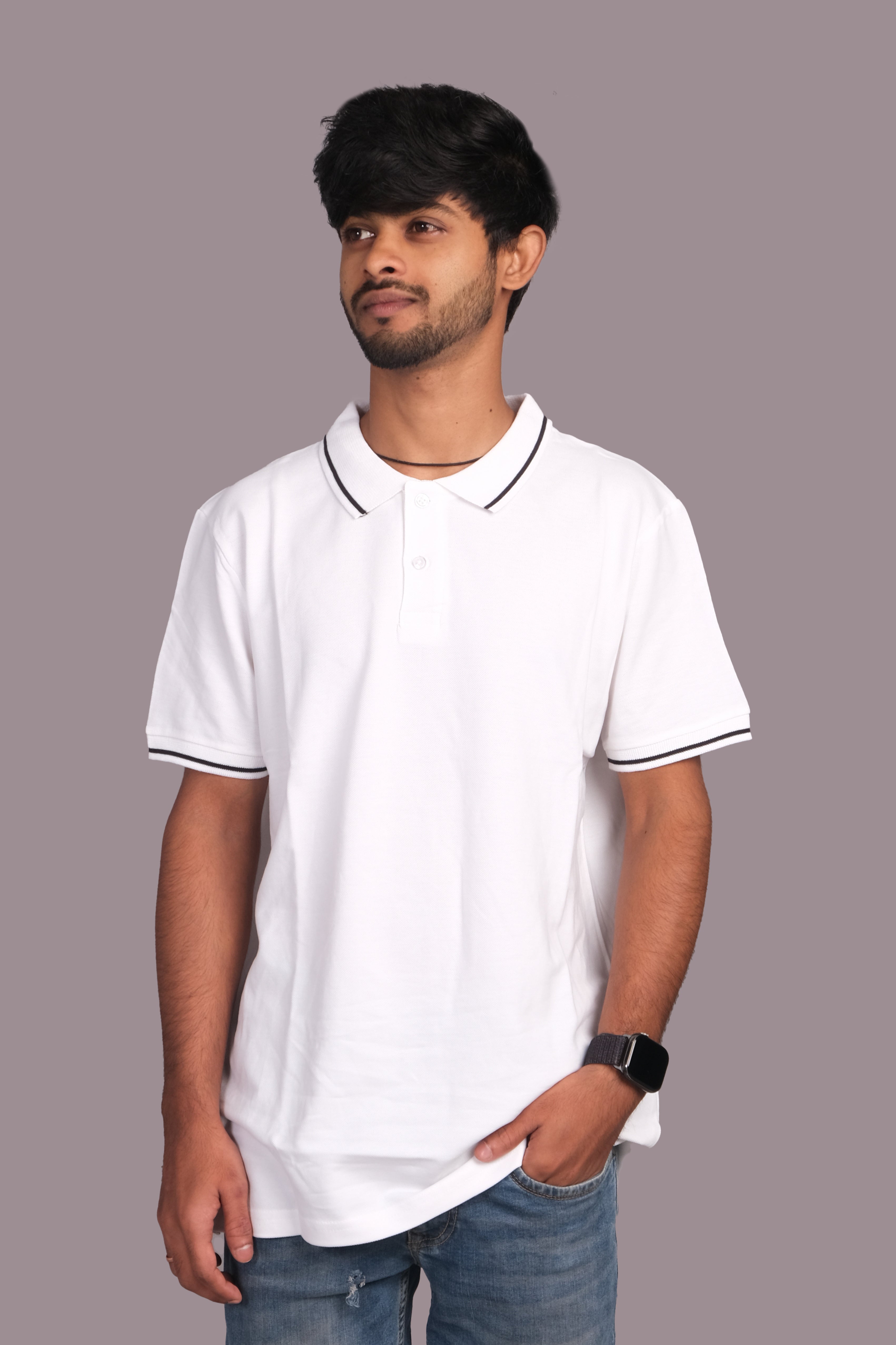 Men Cotton White Collar Neck T-shirt