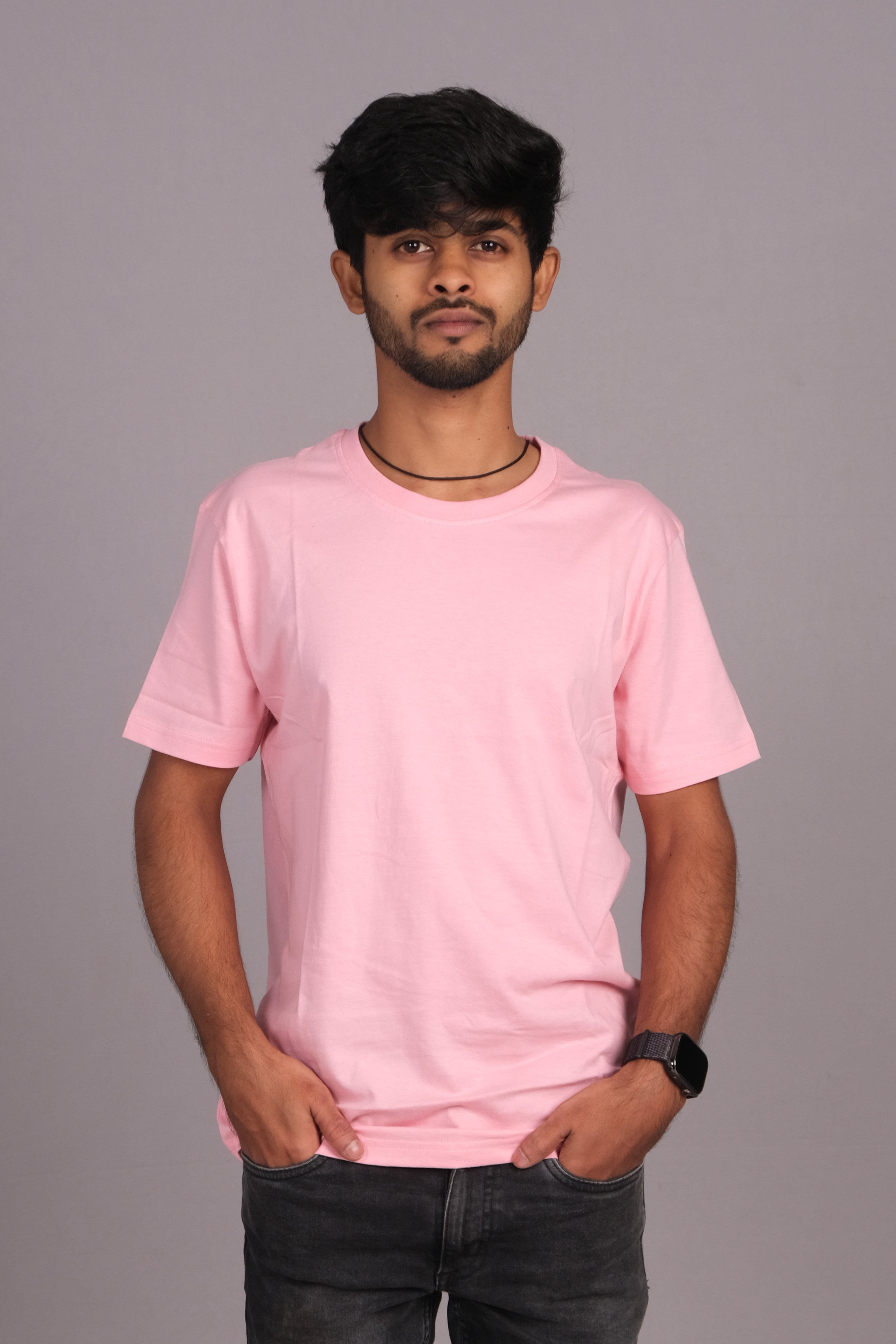 Men Cotton Pink Round Neck T-shirt
