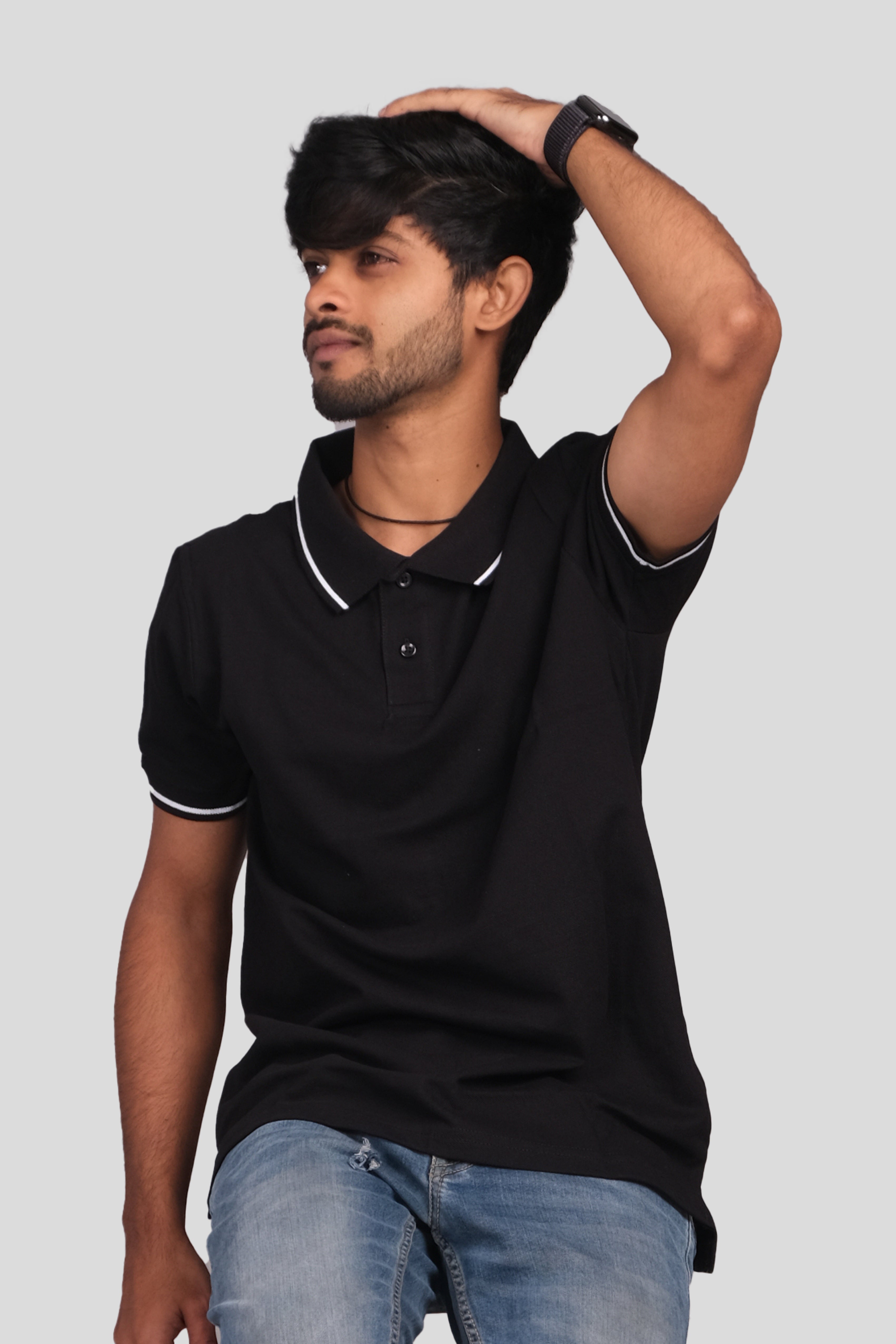 Men Cotton Black Collar Neck T-shirt