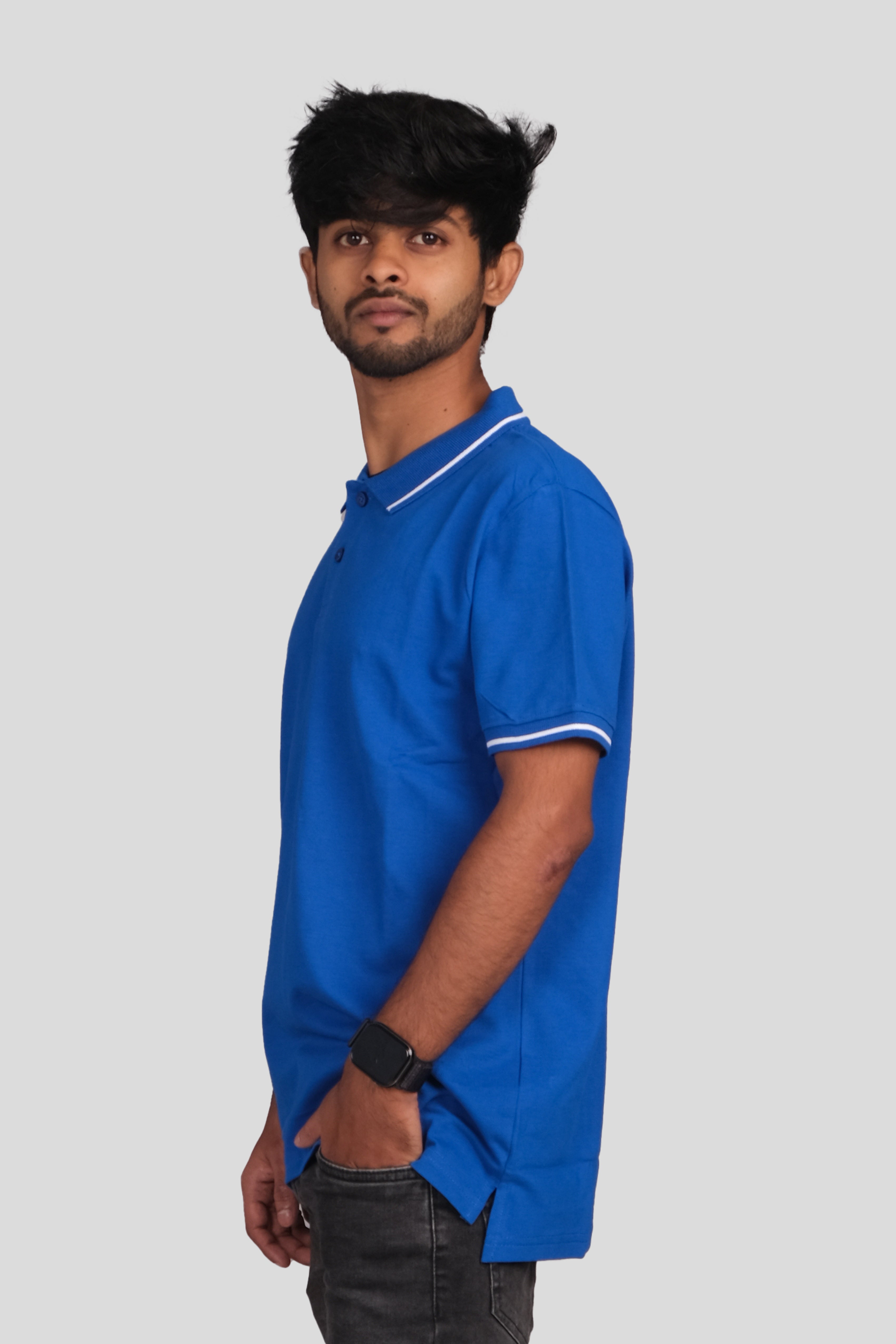 Men Cotton Royal Blue Collar T-shirt