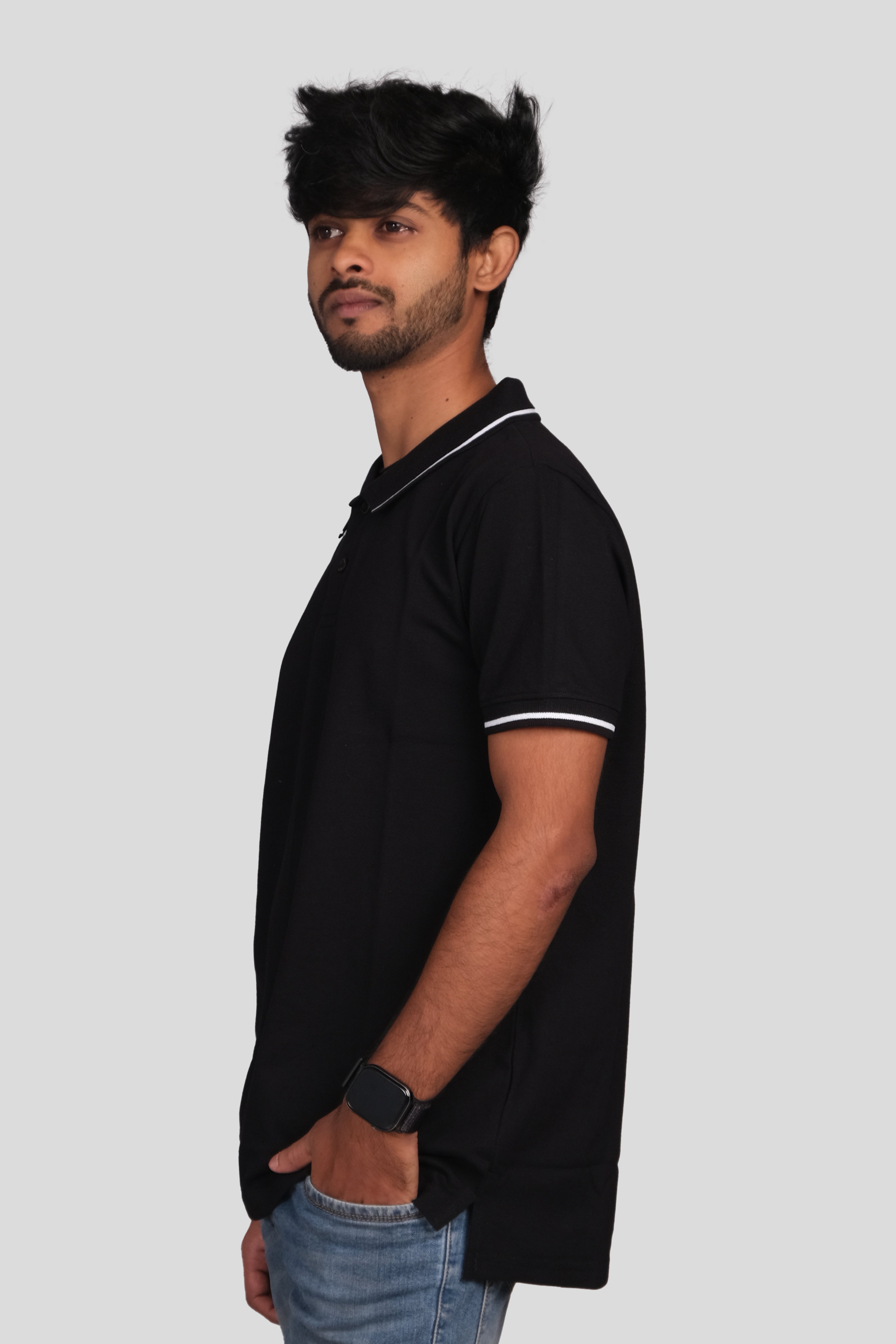 Men Cotton Black Collar Neck T-shirt