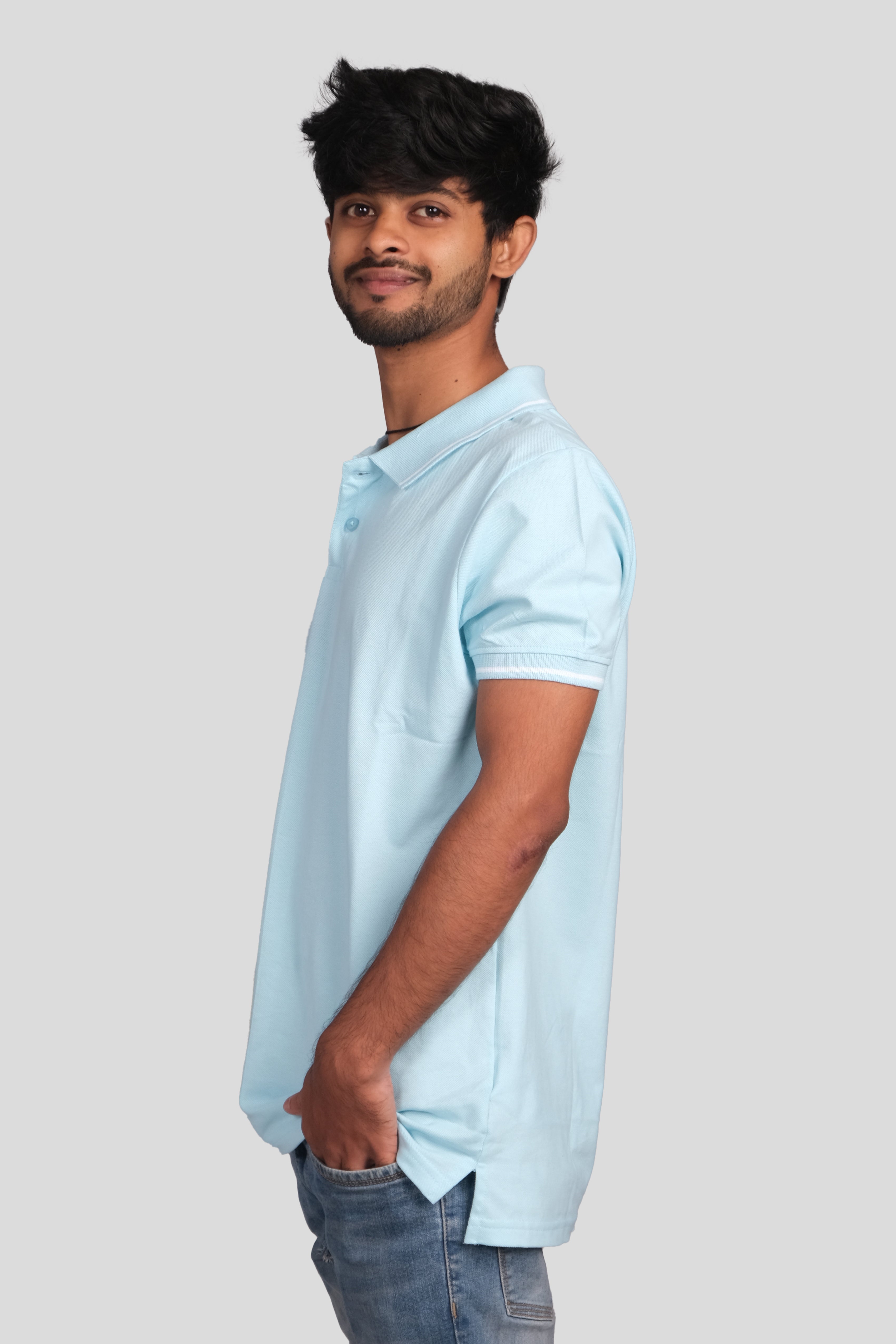 Men Cotton Light Blue Collar Neck T-shirt