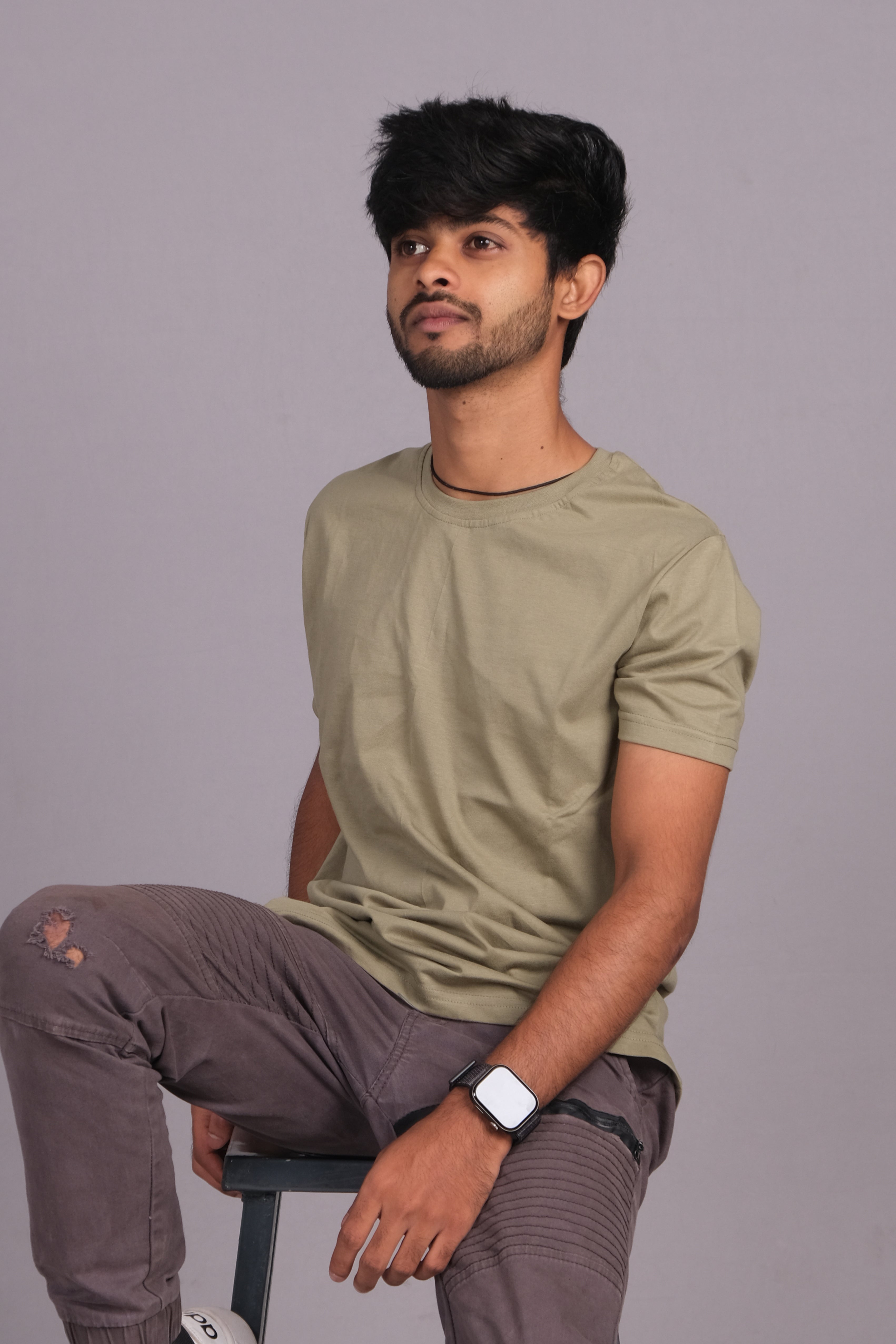 Men Cotton Olive Green Round Neck T-shirt