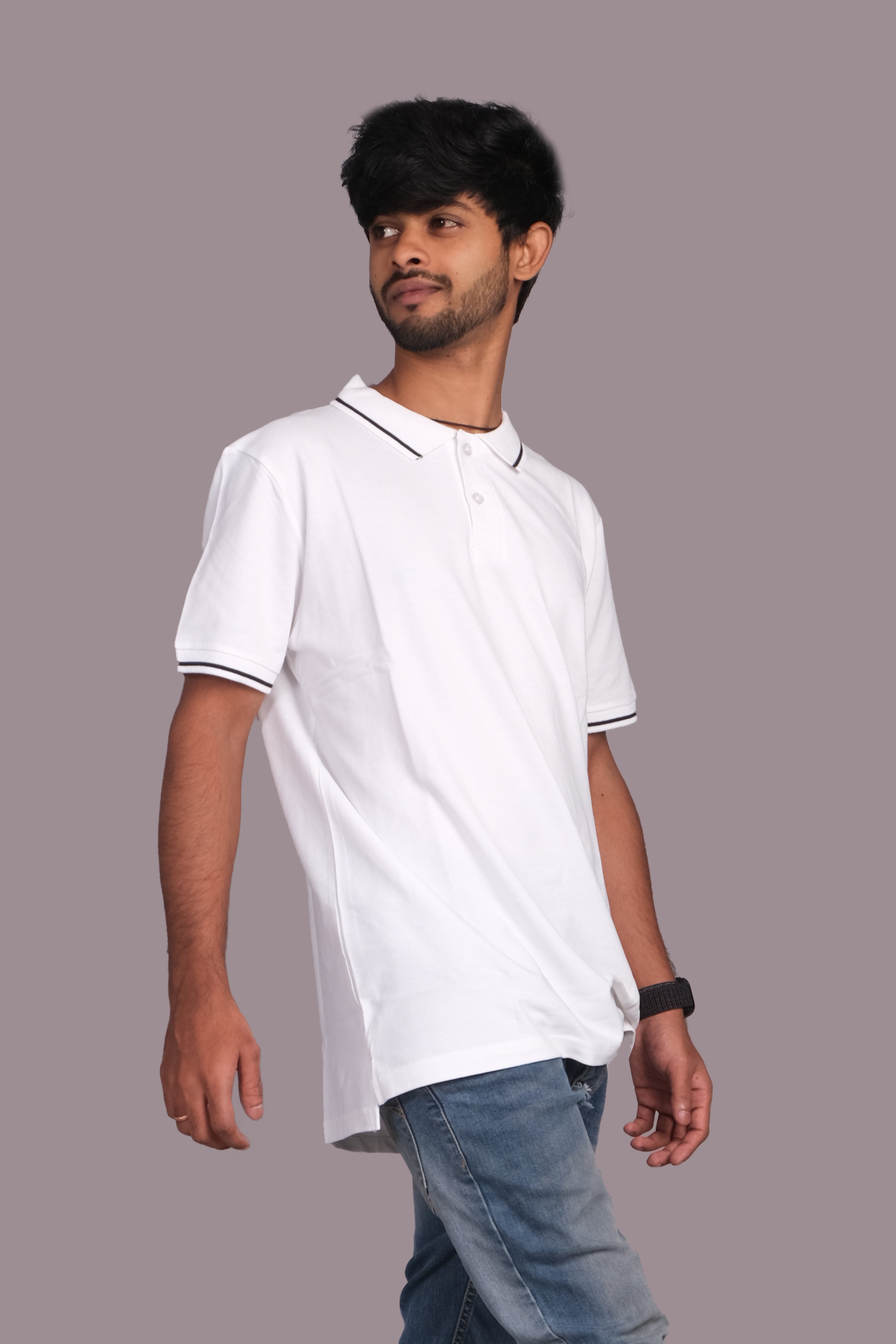 Men Cotton White Collar Neck T-shirt
