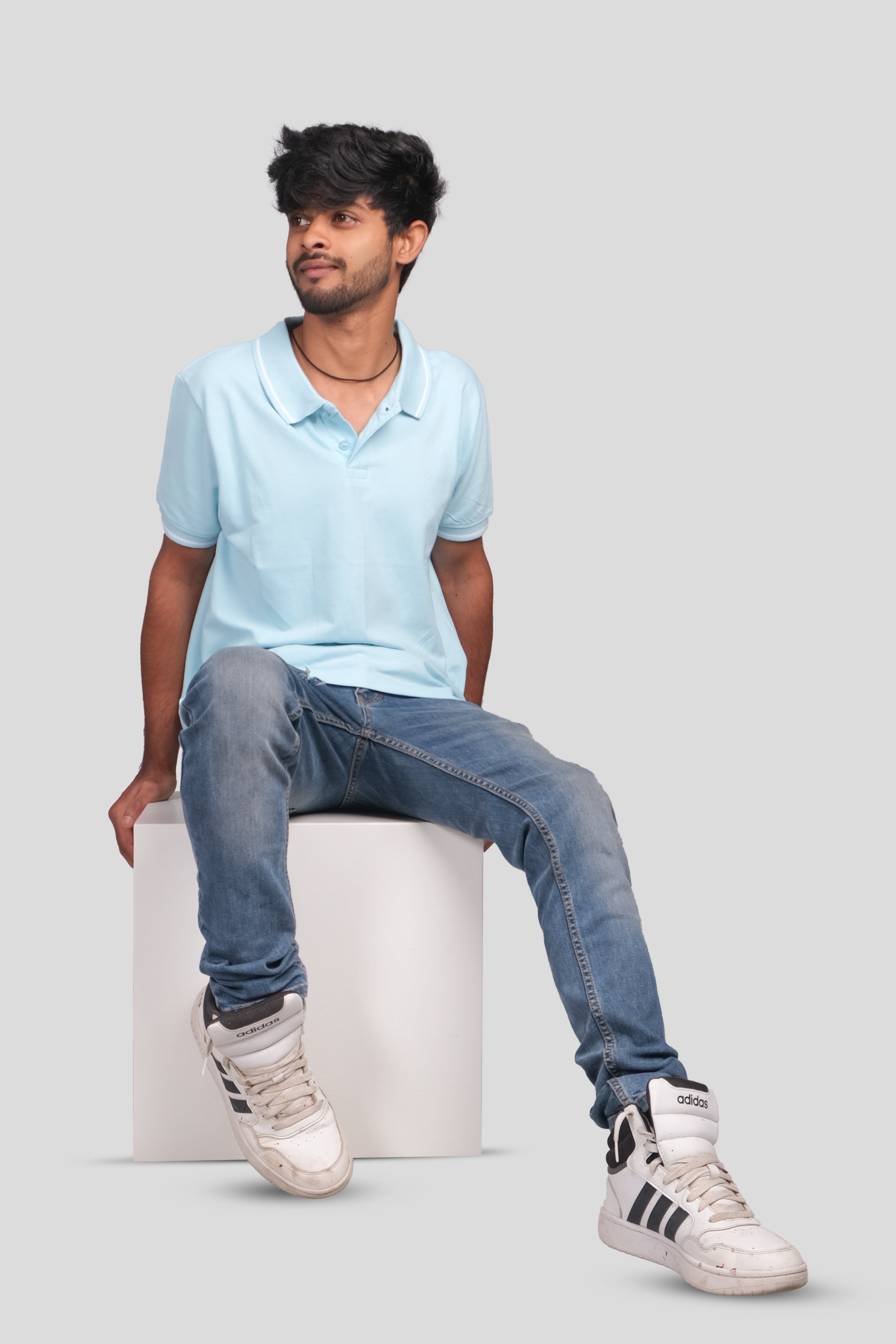 Men Cotton Light Blue Collar Neck T-shirt