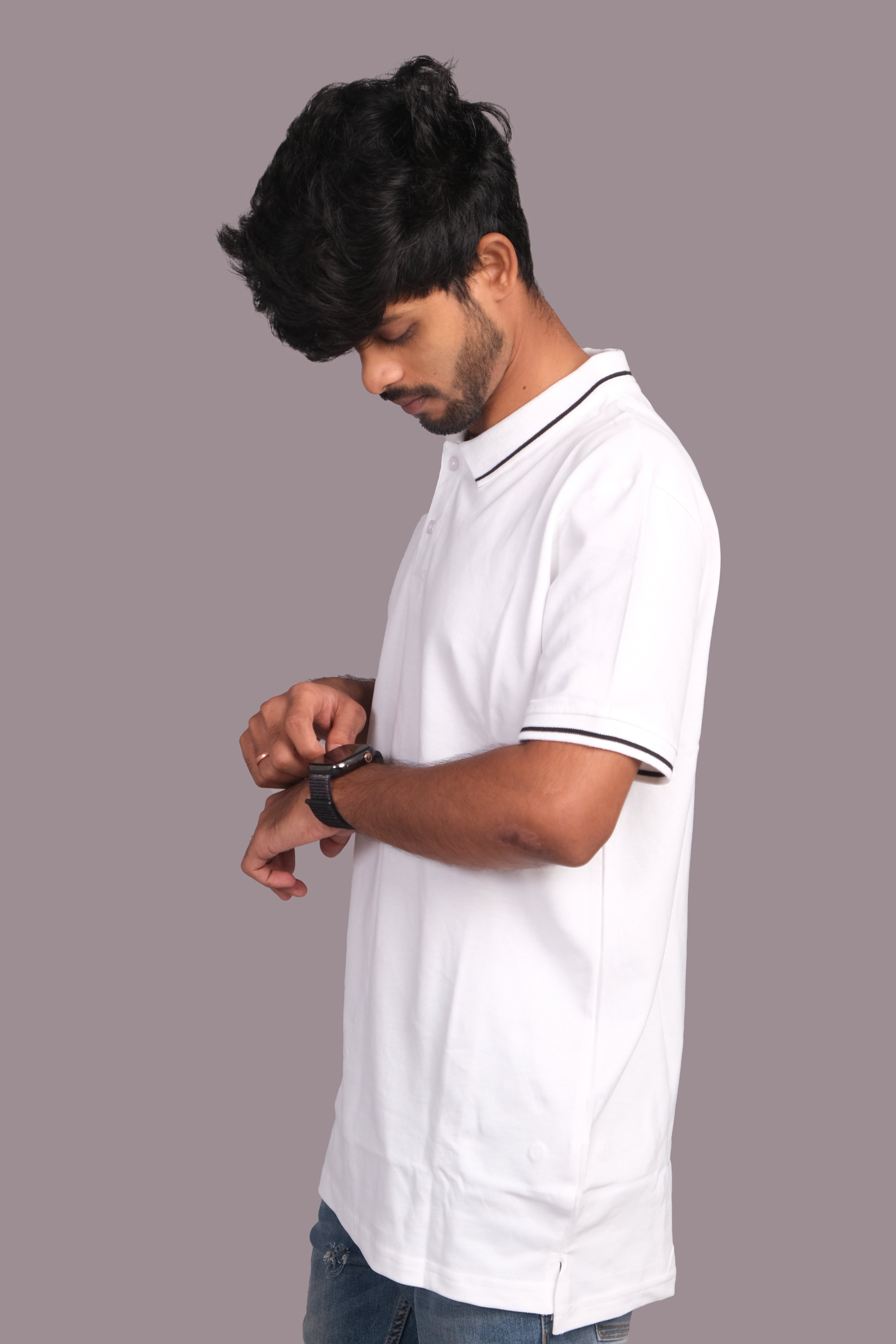 Men Cotton White Collar Neck T-shirt