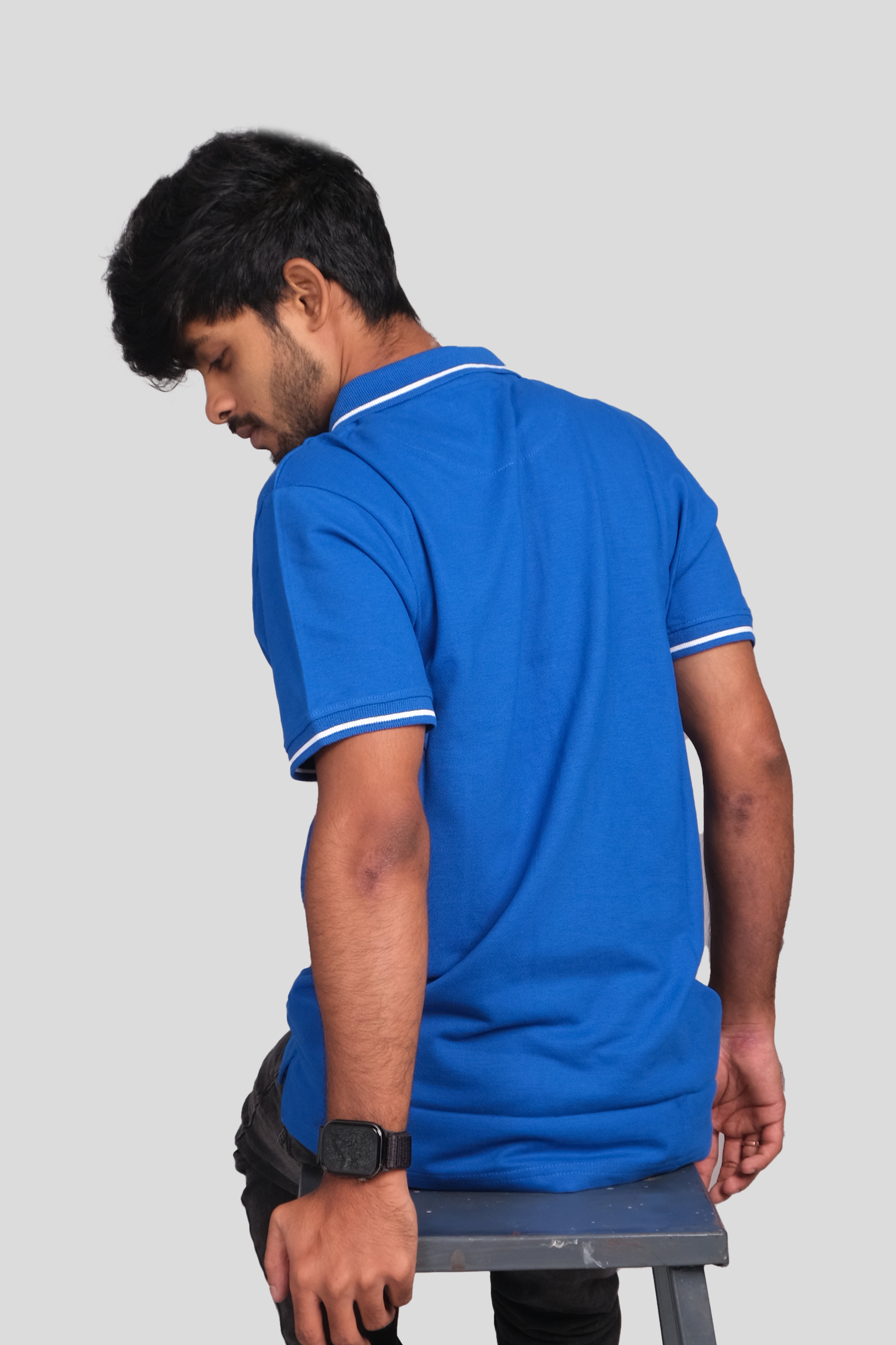 Men Cotton Royal Blue Collar T-shirt
