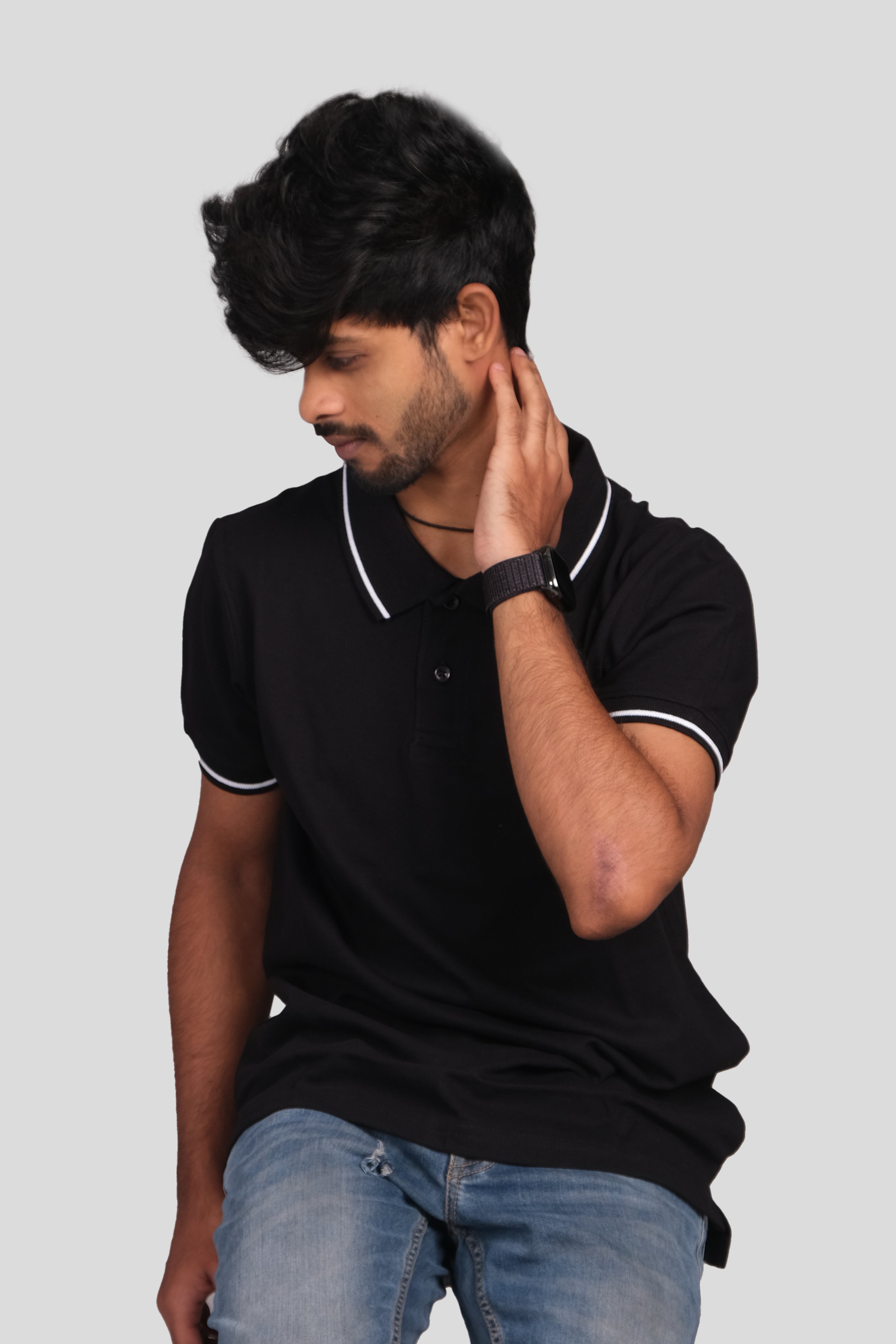 Men Cotton Black Collar Neck T-shirt