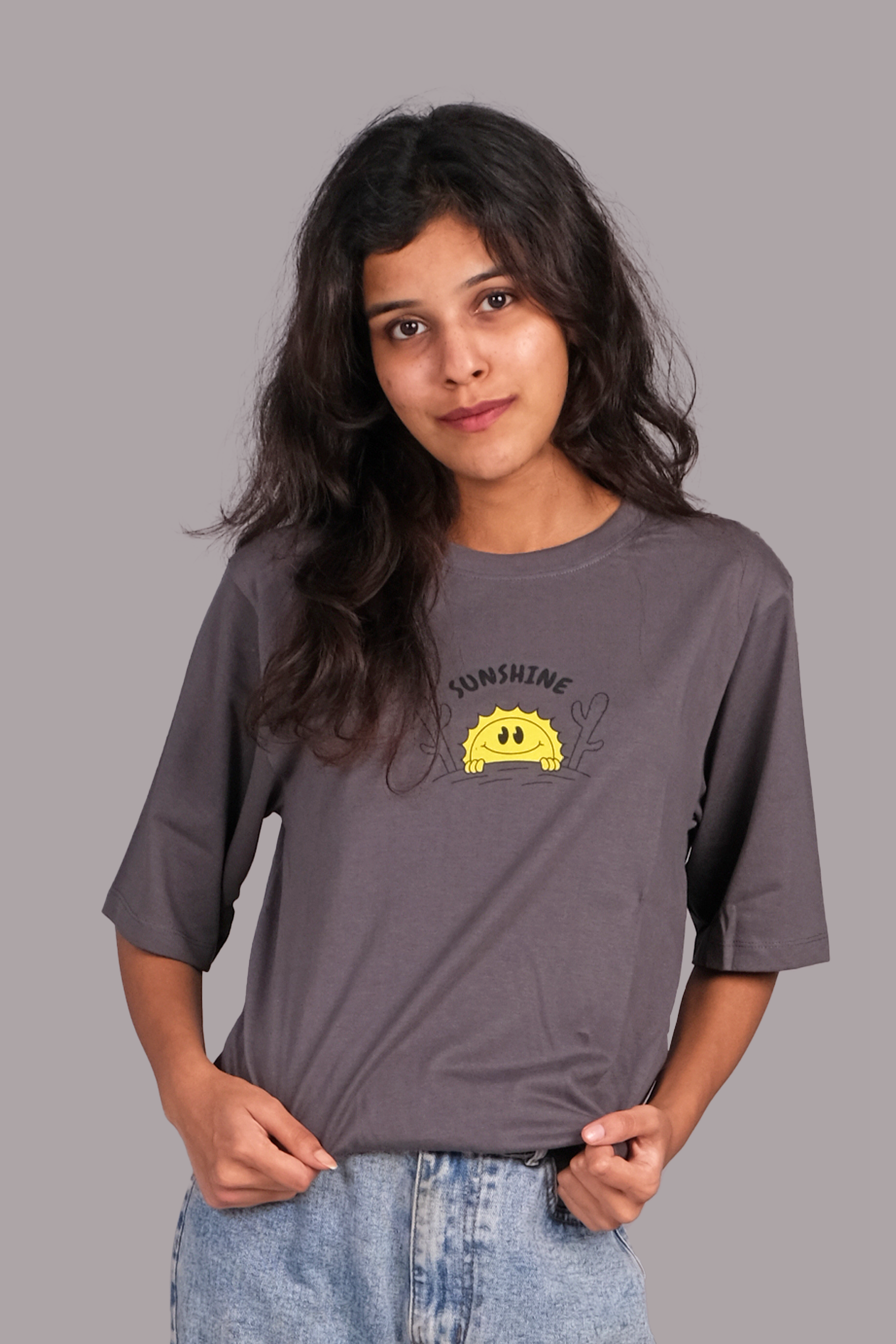 Sunshine Graphic Printed Down Shoulder T-shirt