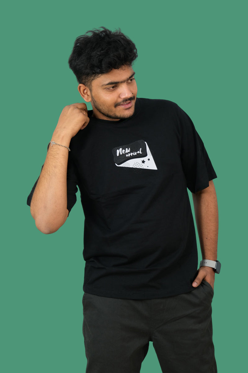 Black Fancy Print Cotton Round Neck Down Shoulder T-shirt