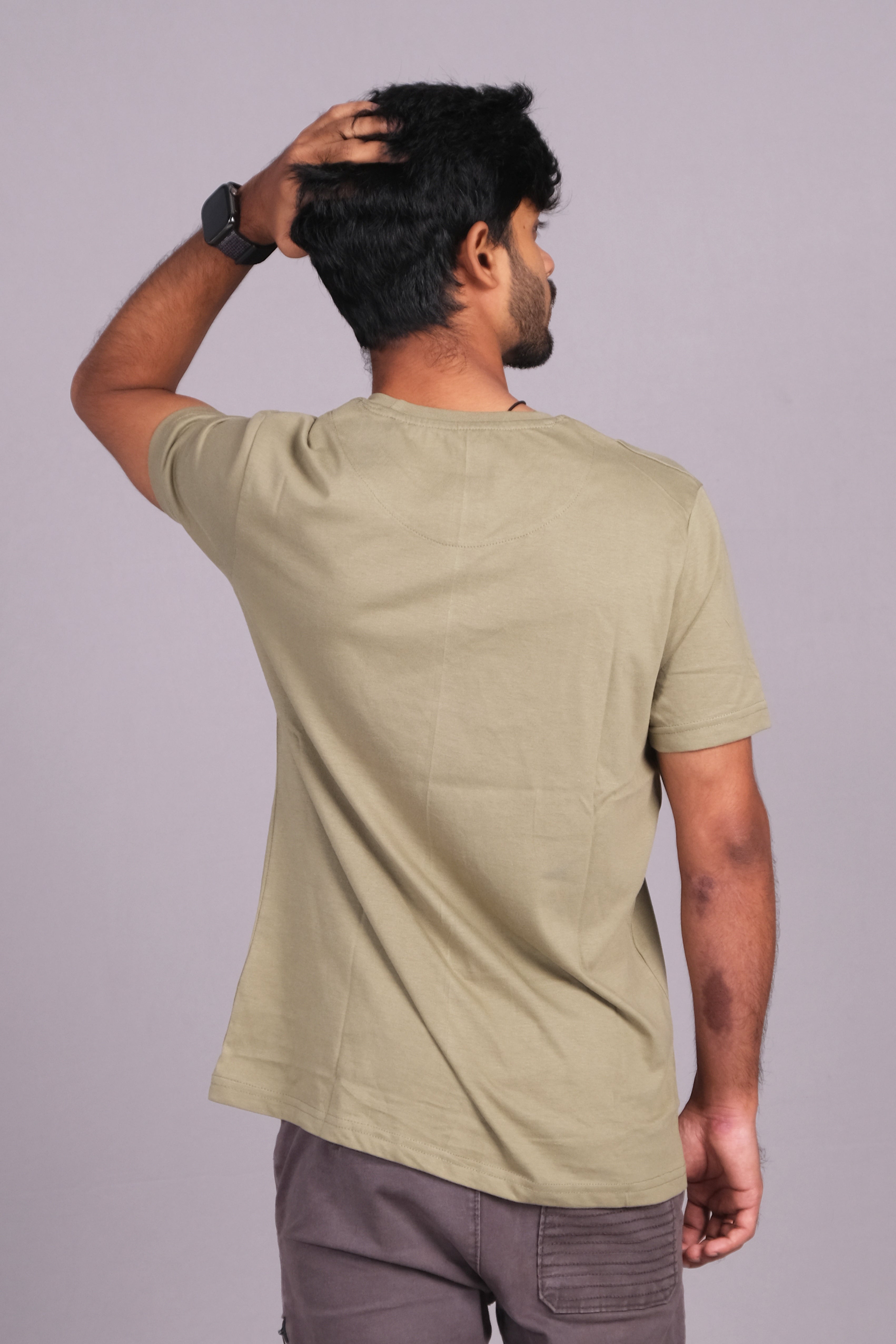 Men Cotton Olive Green Round Neck T-shirt
