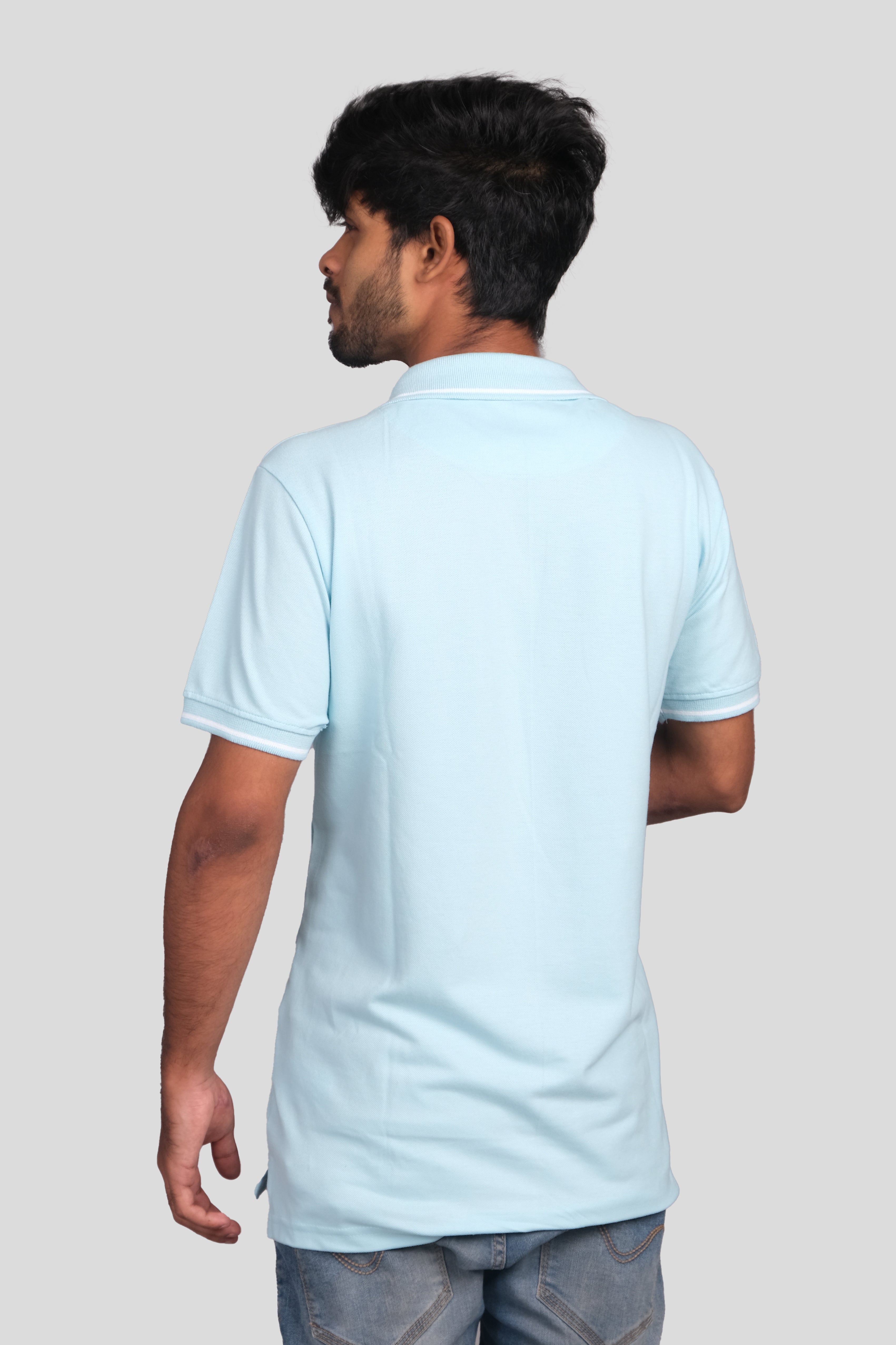 Men Cotton Light Blue Collar Neck T-shirt