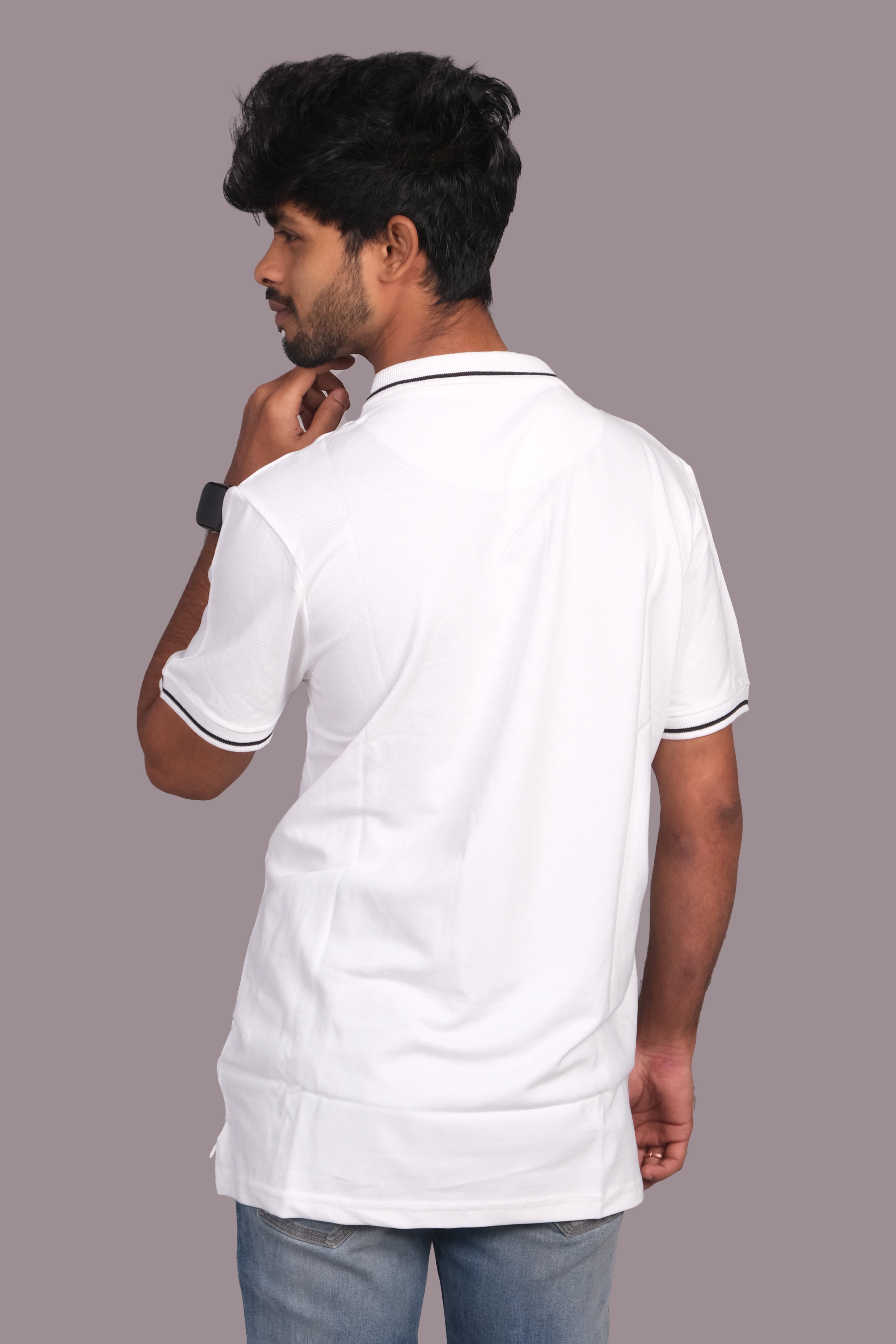 Men Cotton White Collar Neck T-shirt