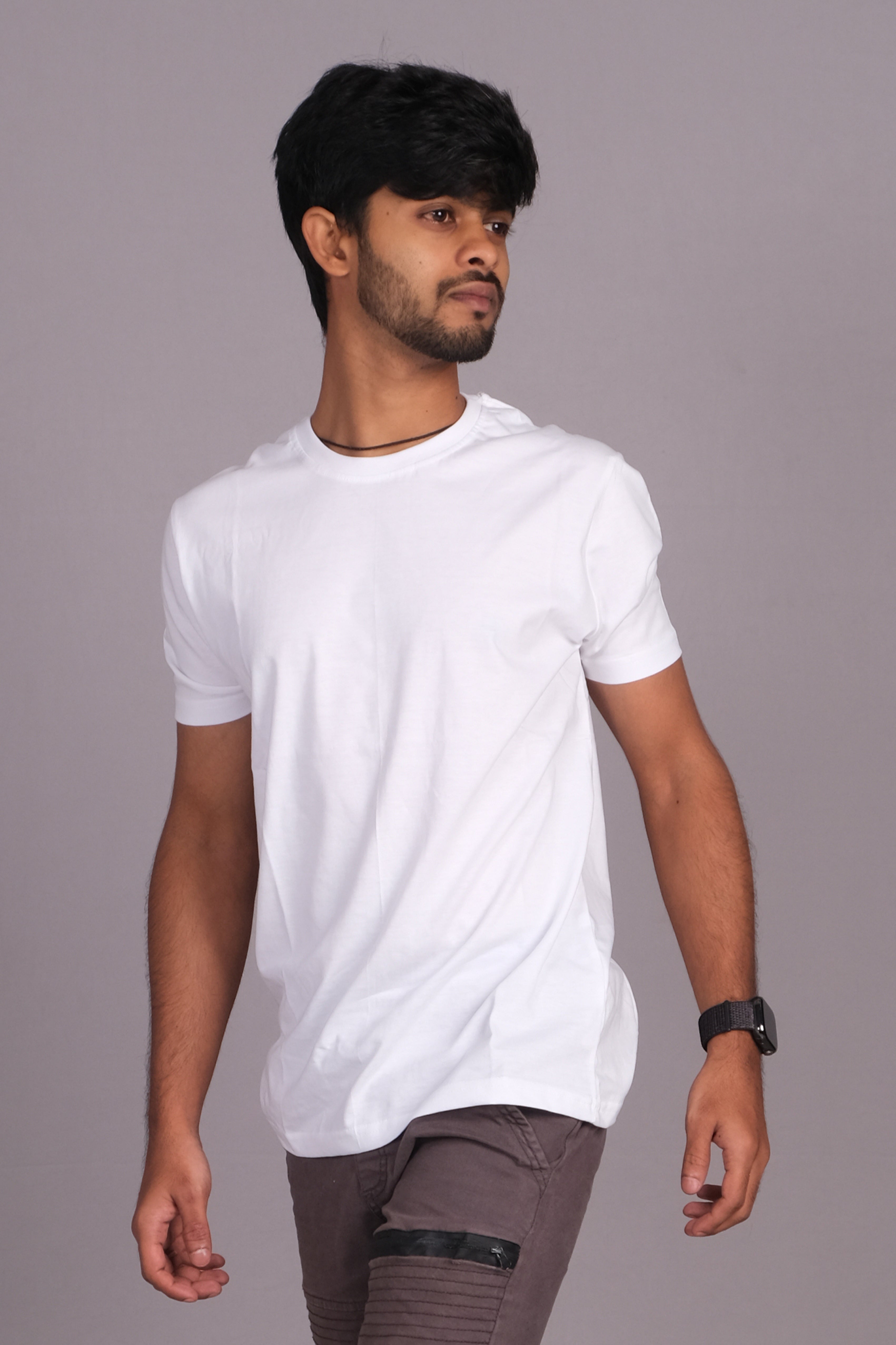 Men Cotton White Round Neck T-shirt