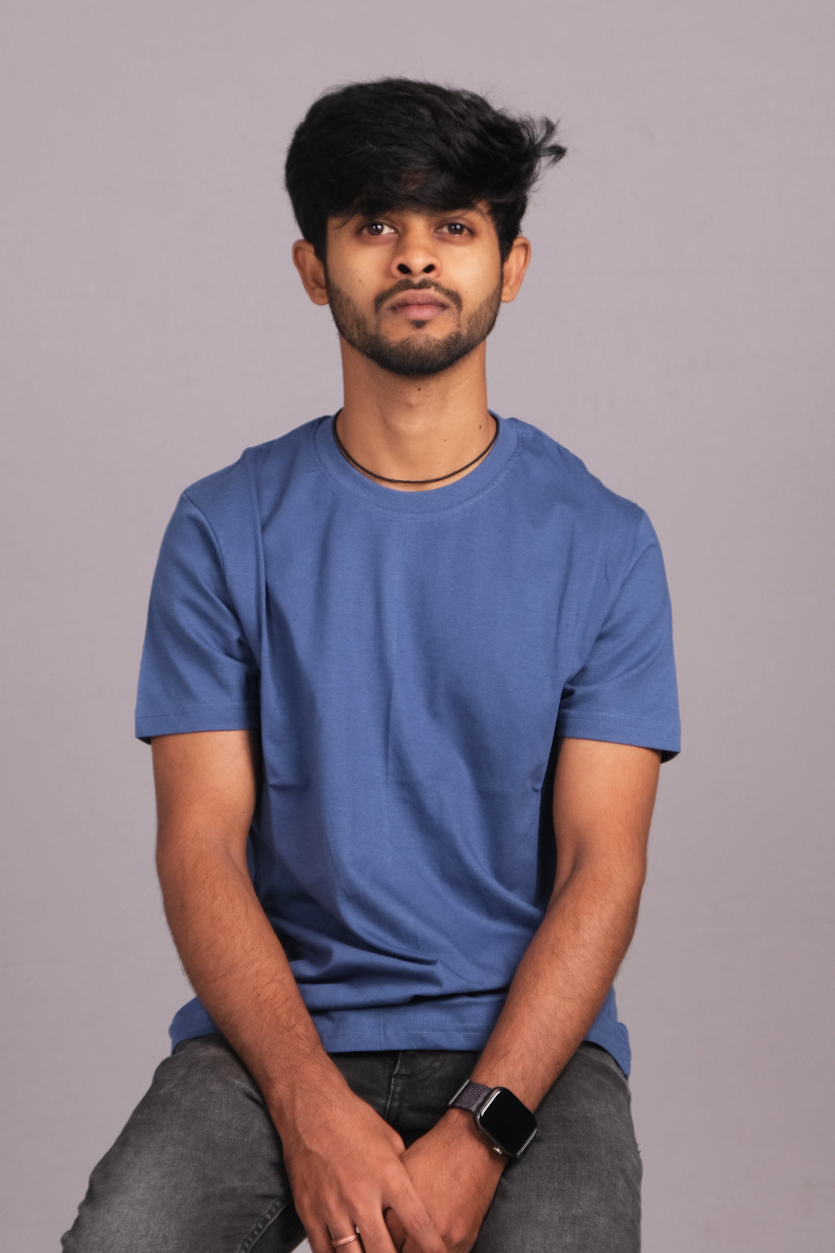 Men Cotton Blue Round Neck T-shirt