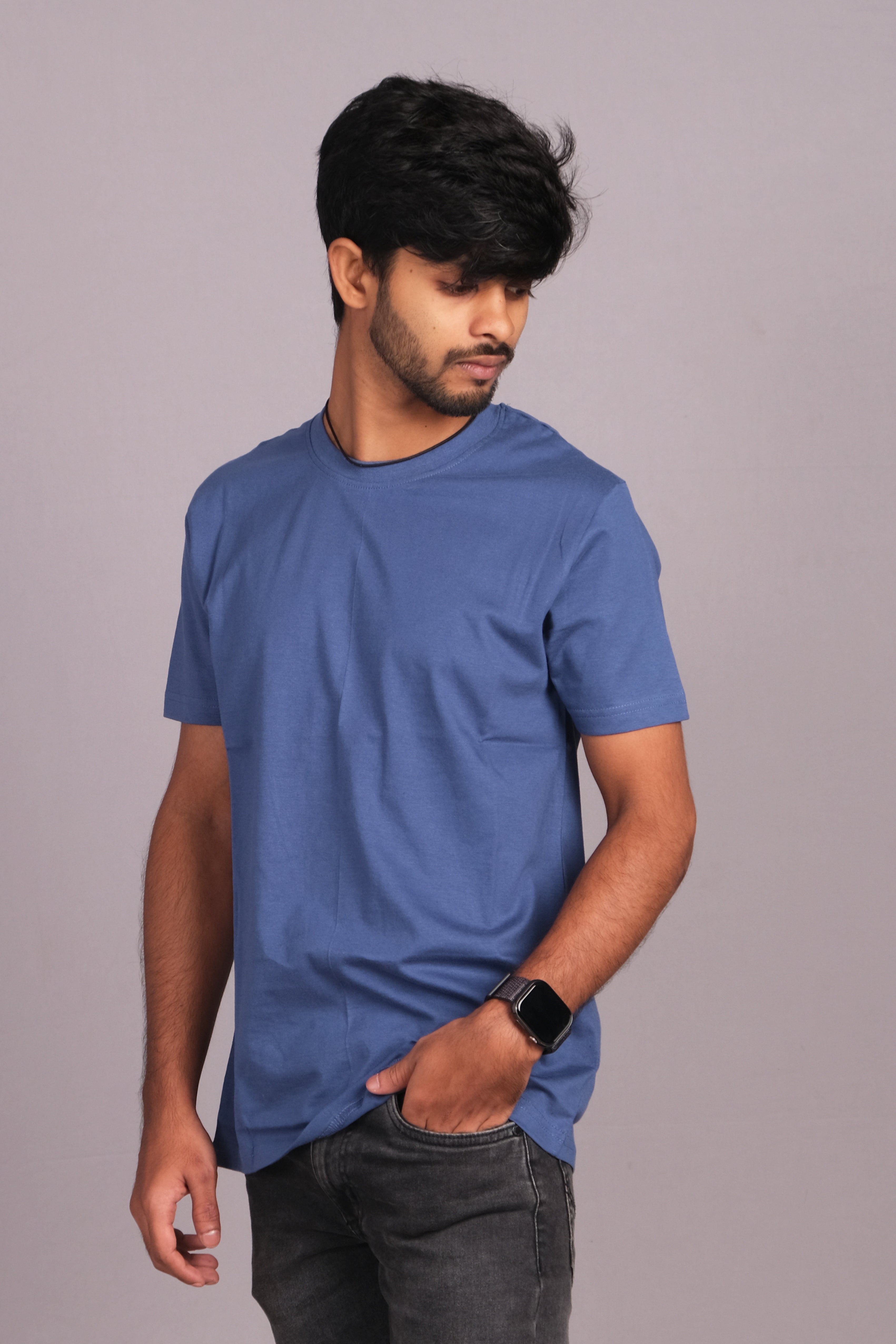 Men Cotton Blue Round Neck T-shirt