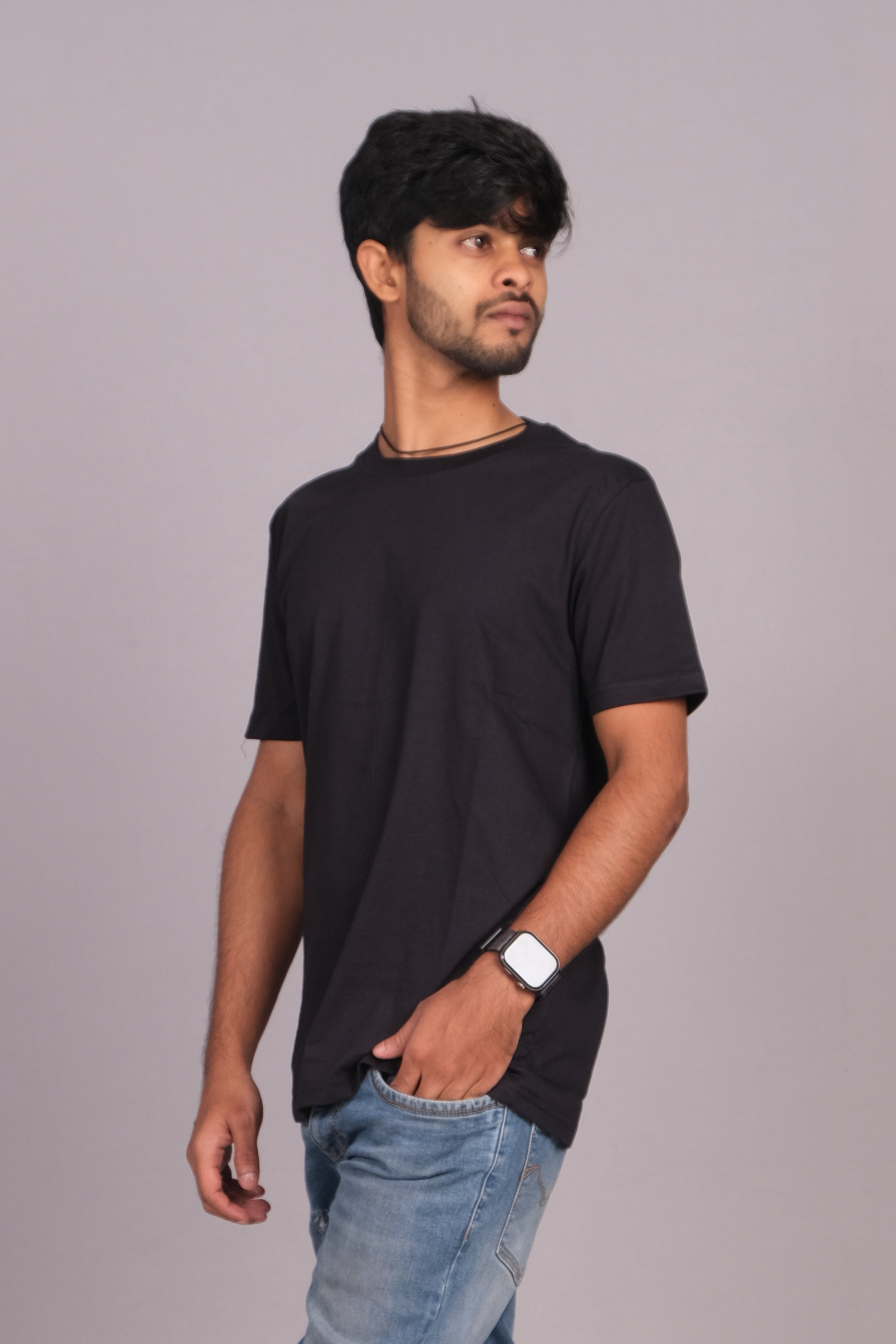Men Cotton Black Round Neck T-shirt