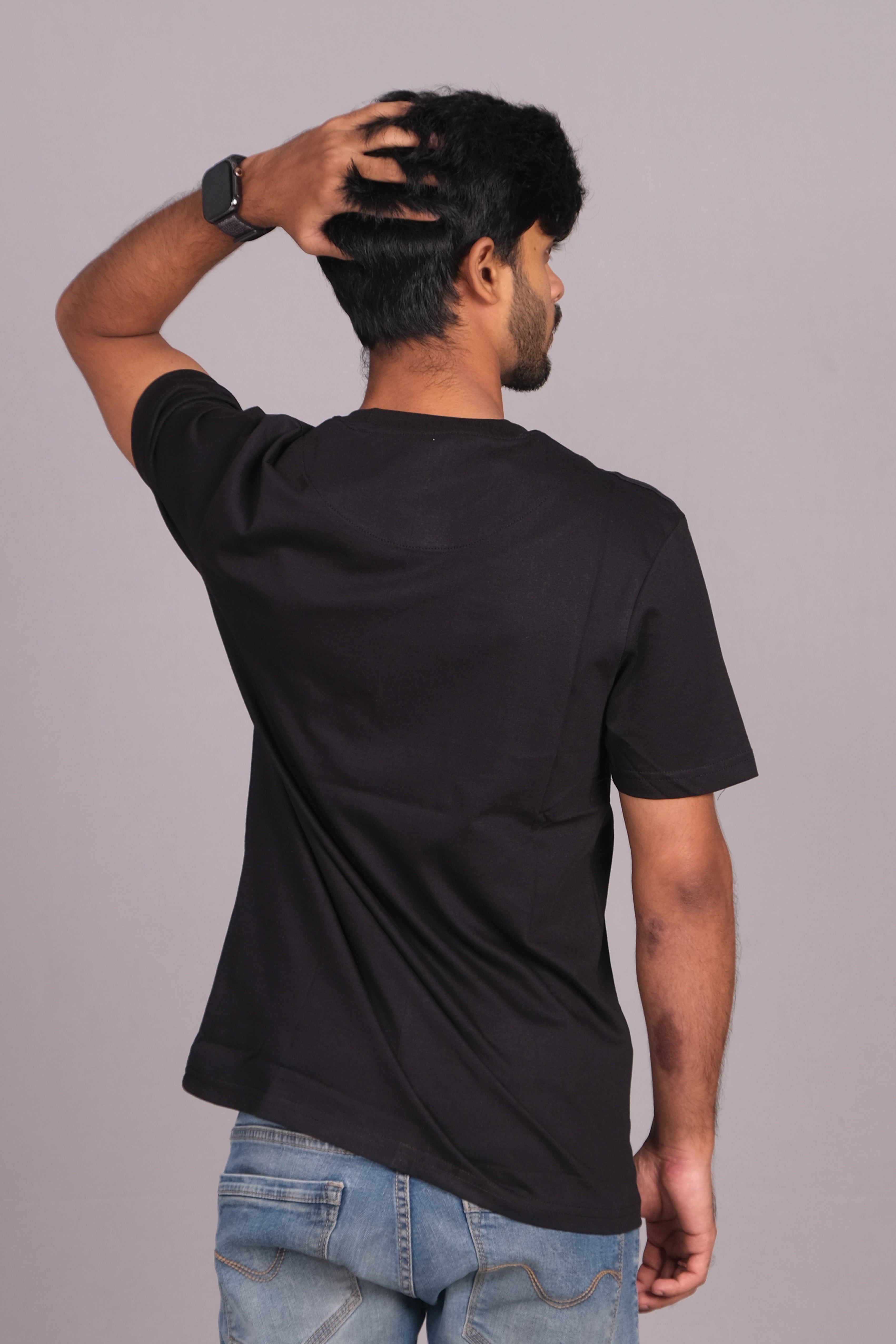 Men Cotton Black Round Neck T-shirt
