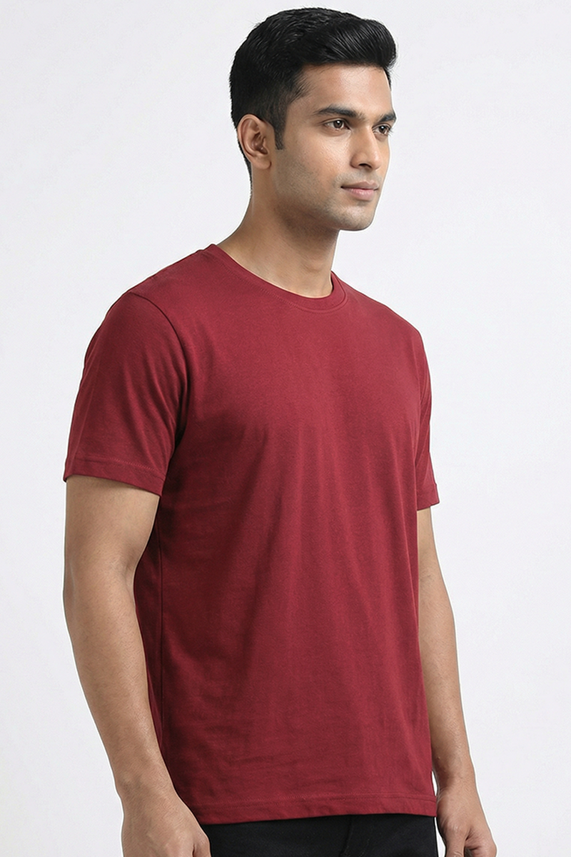 Men Cotton Maroon Round Neck T-shirt
