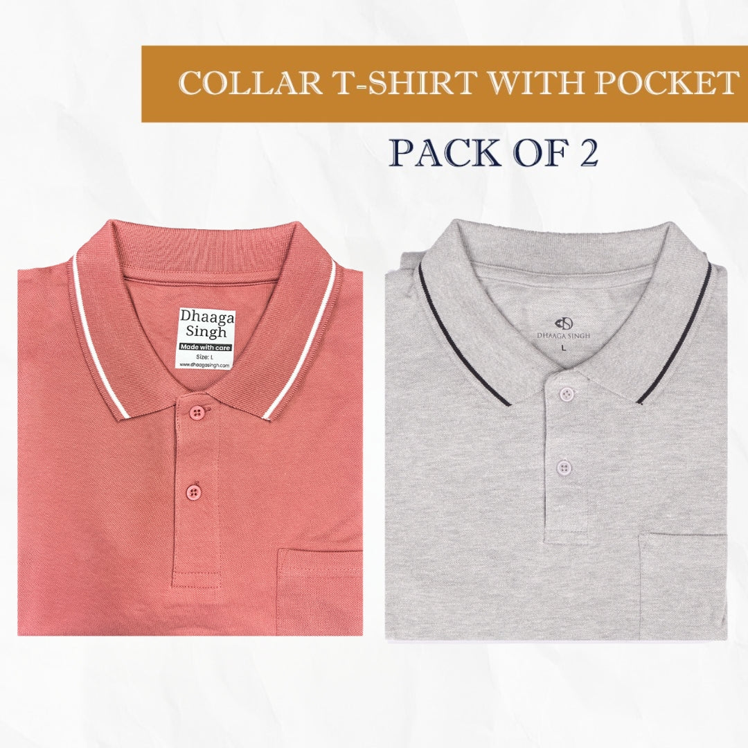 Men Cotton Collar T-shirt with Pocket - Pack of 2