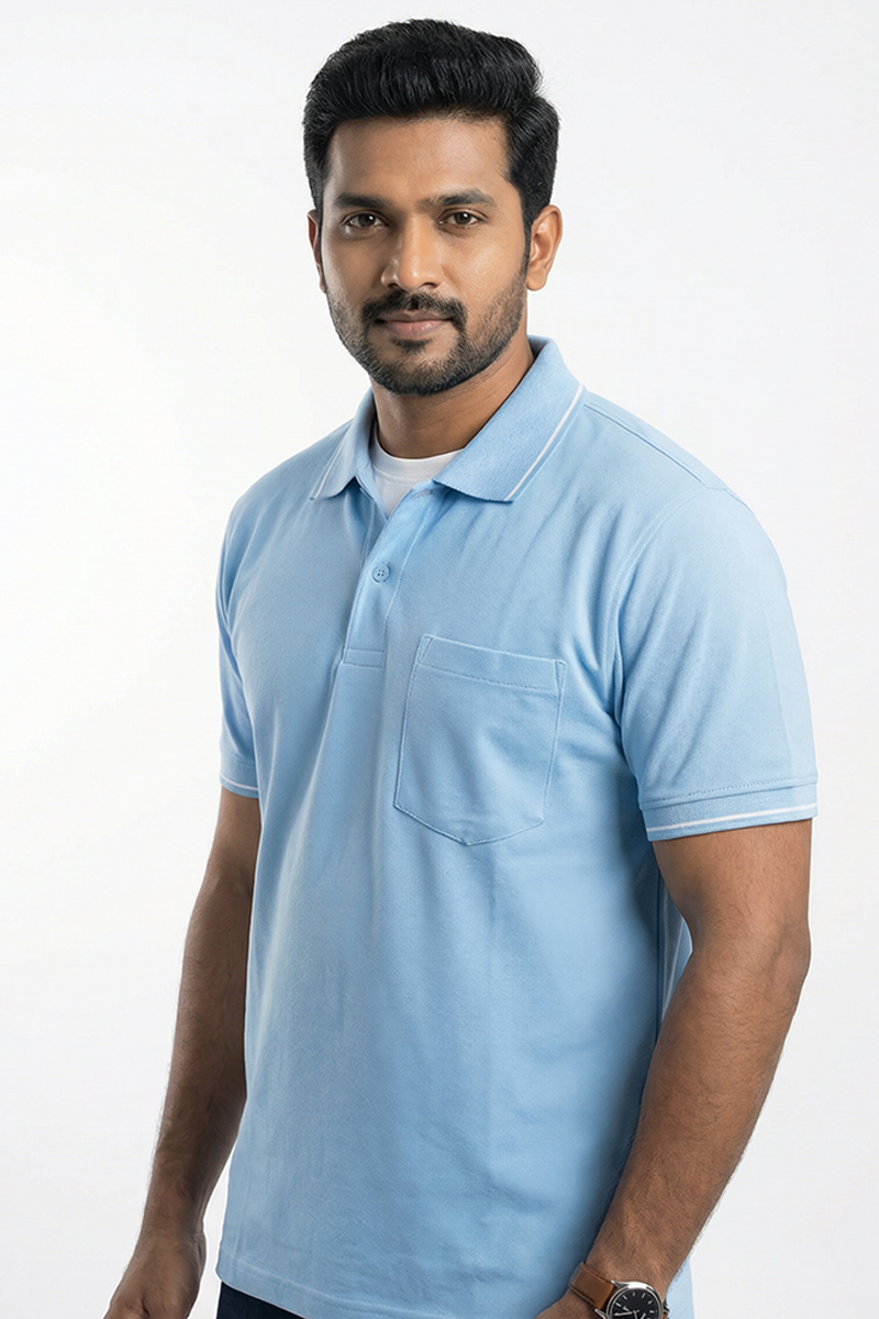 Powder Blue Collar T-shirt with Pocket