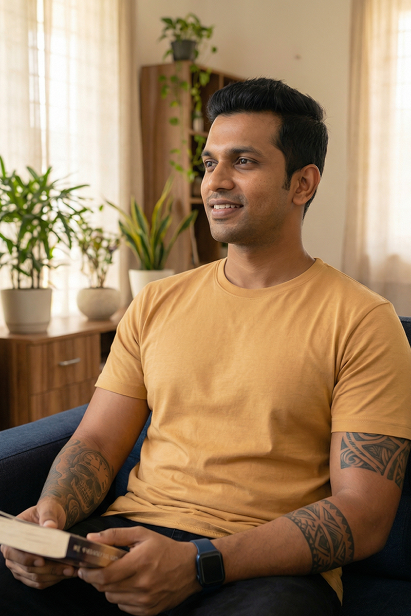 Men Cotton Biscuit Color Round Neck T-shirt