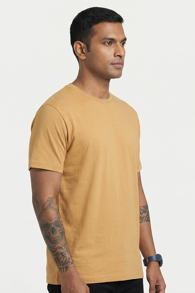 Men Cotton Biscuit Color Round Neck T-shirt